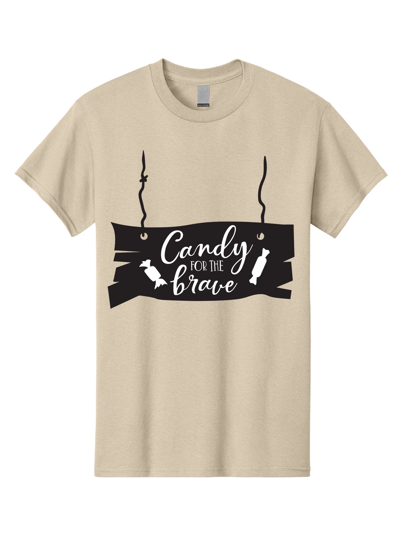 Candy-For-The-Brave Men'S Graphic Tee, 100% Cotton, Comfortable Casual Summer Wear, Machine Washable, Halloween Candy, Trick Or Treat, Spooky Decorations, White Cursive Text, Ghost And Candy Illustration, Black Wooden Sign, Horror Theme, Aac567 3