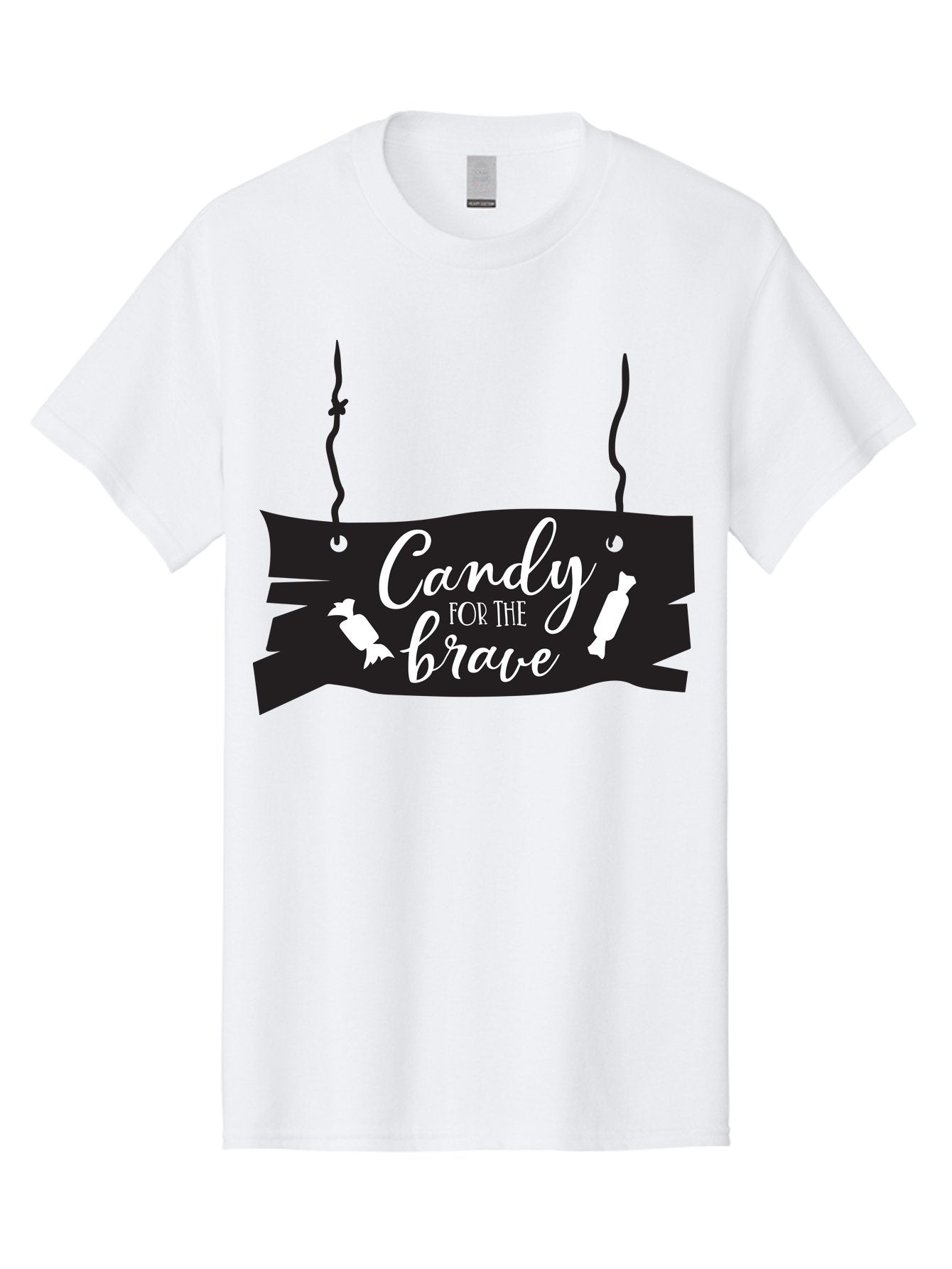 Candy-For-The-Brave Men'S Graphic Tee, 100% Cotton, Comfortable Casual Summer Wear, Machine Washable, Halloween Candy, Trick Or Treat, Spooky Decorations, White Cursive Text, Ghost And Candy Illustration, Black Wooden Sign, Horror Theme, Aac567 4