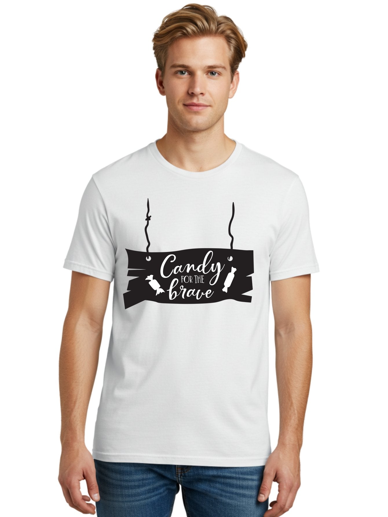 Candy-For-The-Brave Men'S Graphic Tee, 100% Cotton, Comfortable Casual Summer Wear, Machine Washable, Halloween Candy, Trick Or Treat, Spooky Decorations, White Cursive Text, Ghost And Candy Illustration, Black Wooden Sign, Horror Theme, Aac567 18