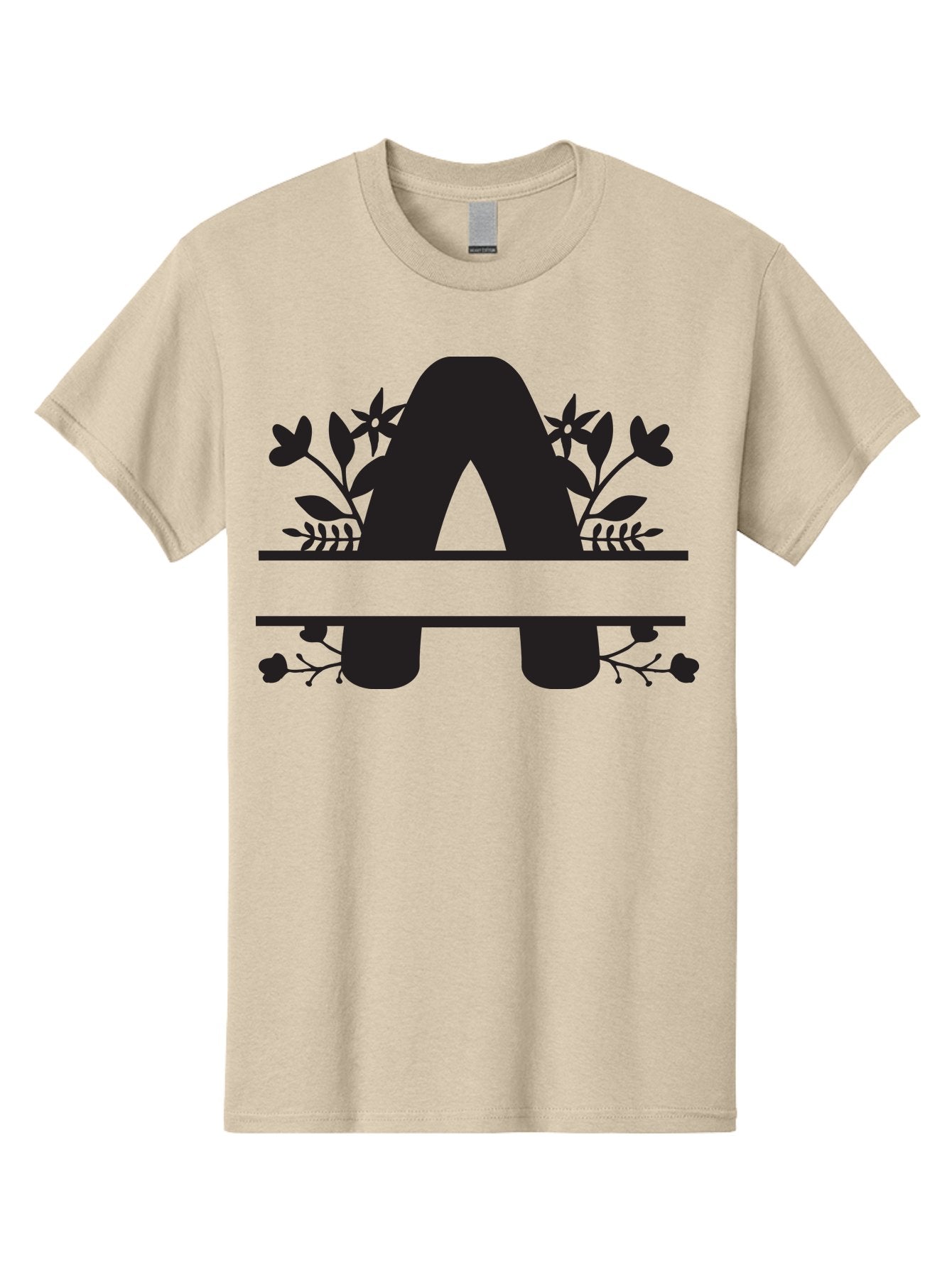 Capital-Letter-A Men'S Graphic Tee, 100% Cotton, Comfortable Casual Summer Wear, Machine Washable, Letter A, Floral Designs, Botanical Elements, Leaves, Flowers, Black Silhouette, Elegant Typography, Decorative Accents, Minimalist Style, Aac568 11