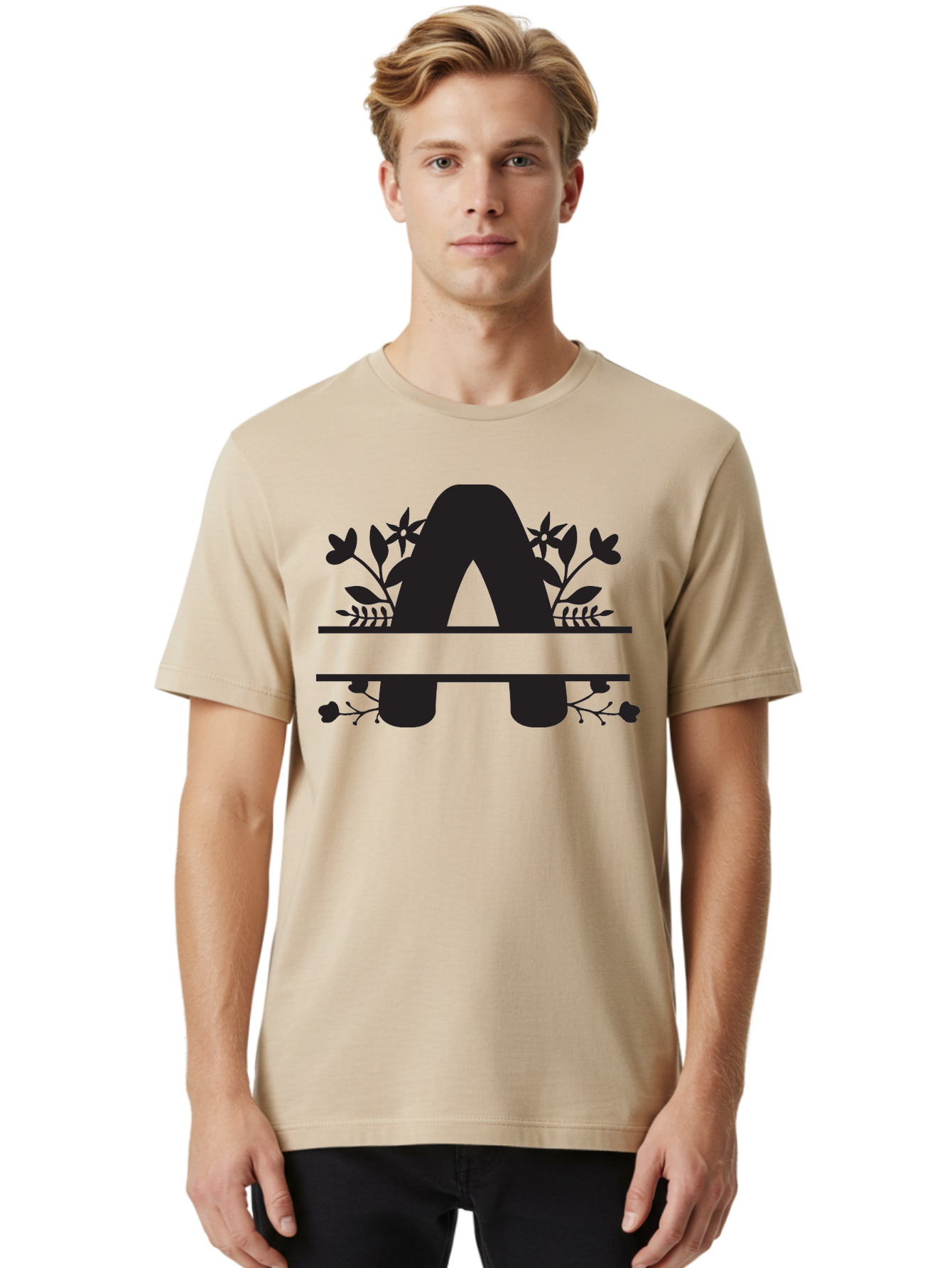 Capital-Letter-A Men'S Graphic Tee, 100% Cotton, Comfortable Casual Summer Wear, Machine Washable, Letter A, Floral Designs, Botanical Elements, Leaves, Flowers, Black Silhouette, Elegant Typography, Decorative Accents, Minimalist Style, Aac568 8