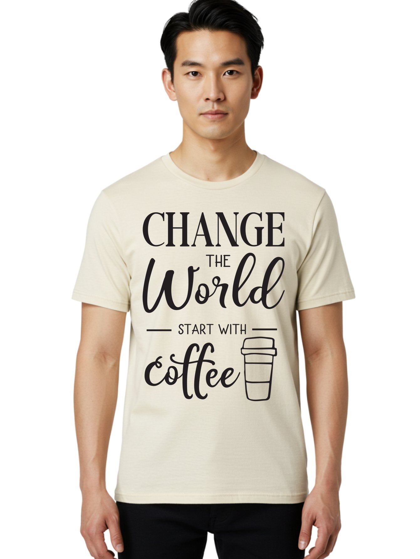 Change-The-World-Start-With-Coffee Men'S Graphic Tee, 100% Cotton, Comfortable Casual Summer Wear, Machine Washable, Coffee Quote, Inspirational Quote, Change The World, Morning Motivation, Coffee Love, Coffee Culture, Drink Coffee Aac572 18