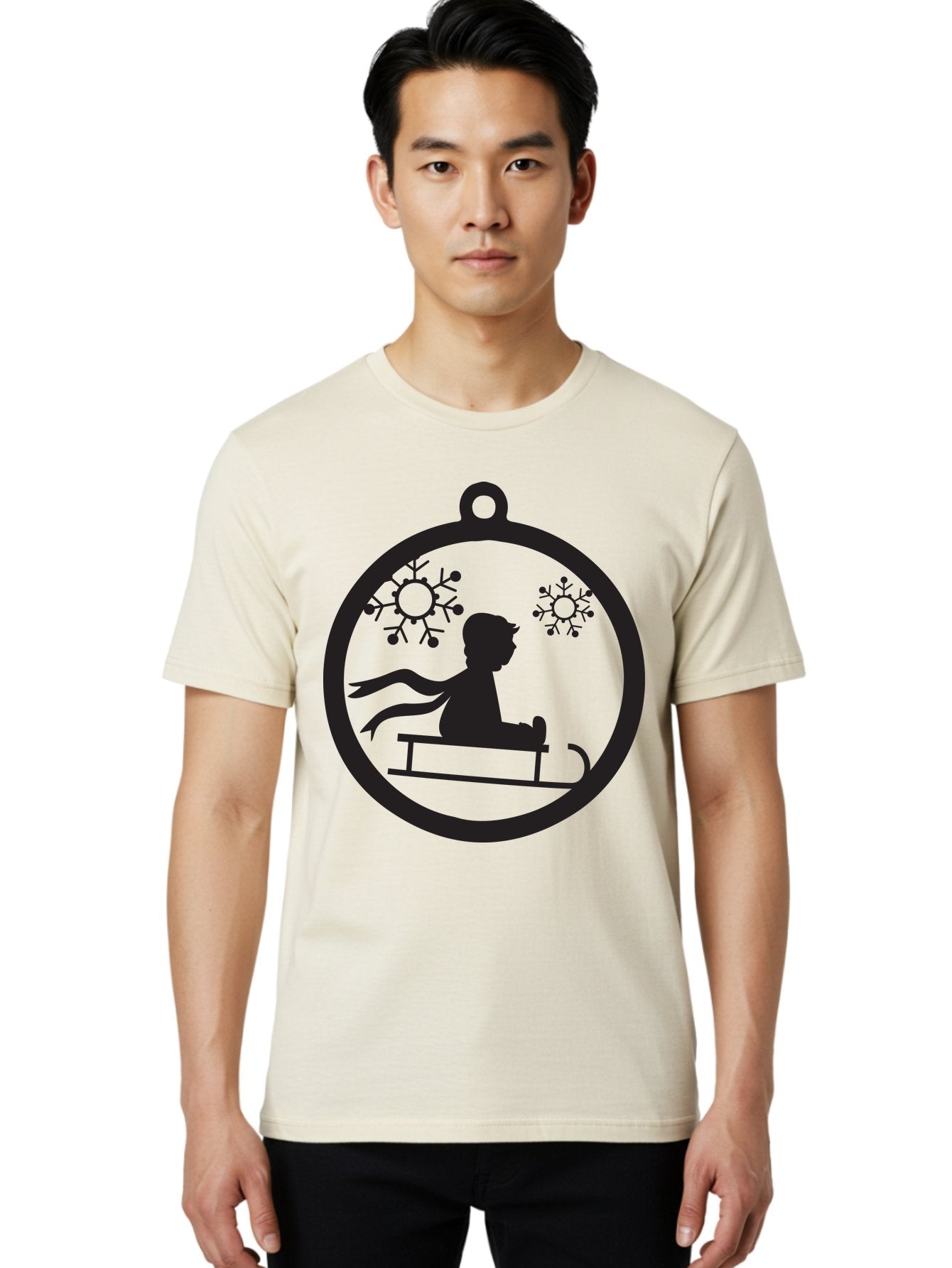 Child-On-Sled Men'S Graphic Tee, 100% Cotton, Comfortable Casual Summer Wear, Machine Washable, Child On Sled, Winter Fun, Snowflake Decorations, Festive Ornaments, Holiday Cheer, Black Silhouette, Christmas Theme, Winter Scenery Aac574 27