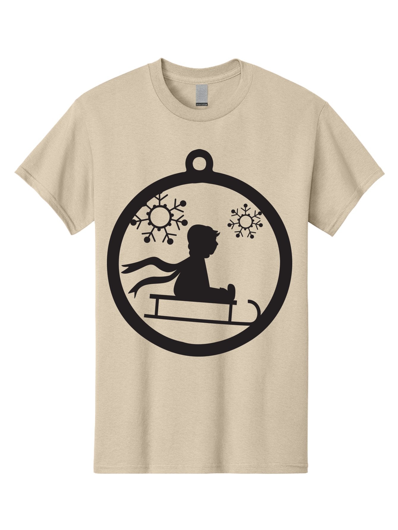Child-On-Sled Men'S Graphic Tee, 100% Cotton, Comfortable Casual Summer Wear, Machine Washable, Child On Sled, Winter Fun, Snowflake Decorations, Festive Ornaments, Holiday Cheer, Black Silhouette, Christmas Theme, Winter Scenery Aac574
