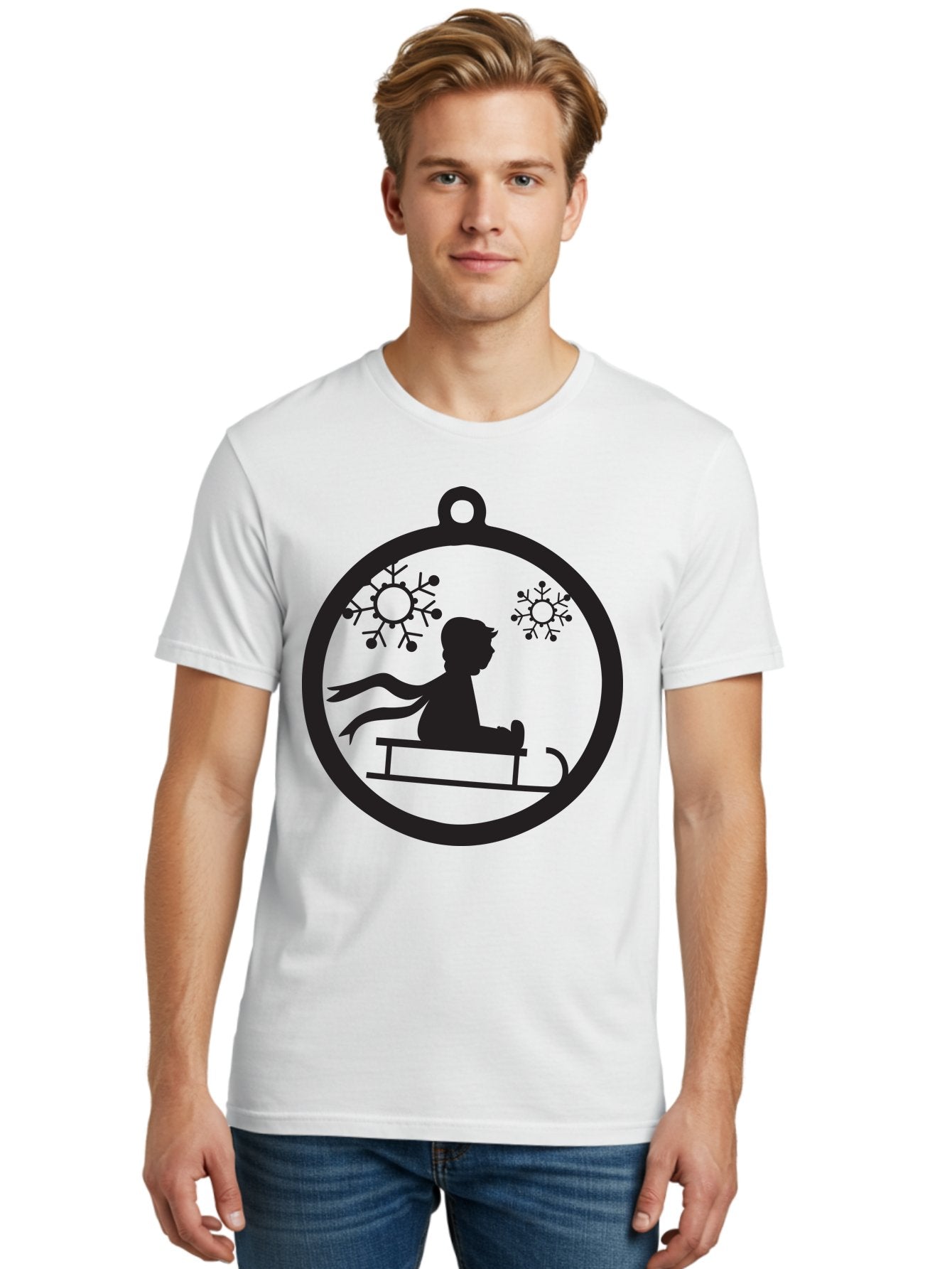 Child-On-Sled Men'S Graphic Tee, 100% Cotton, Comfortable Casual Summer Wear, Machine Washable, Child On Sled, Winter Fun, Snowflake Decorations, Festive Ornaments, Holiday Cheer, Black Silhouette, Christmas Theme, Winter Scenery Aac574 30