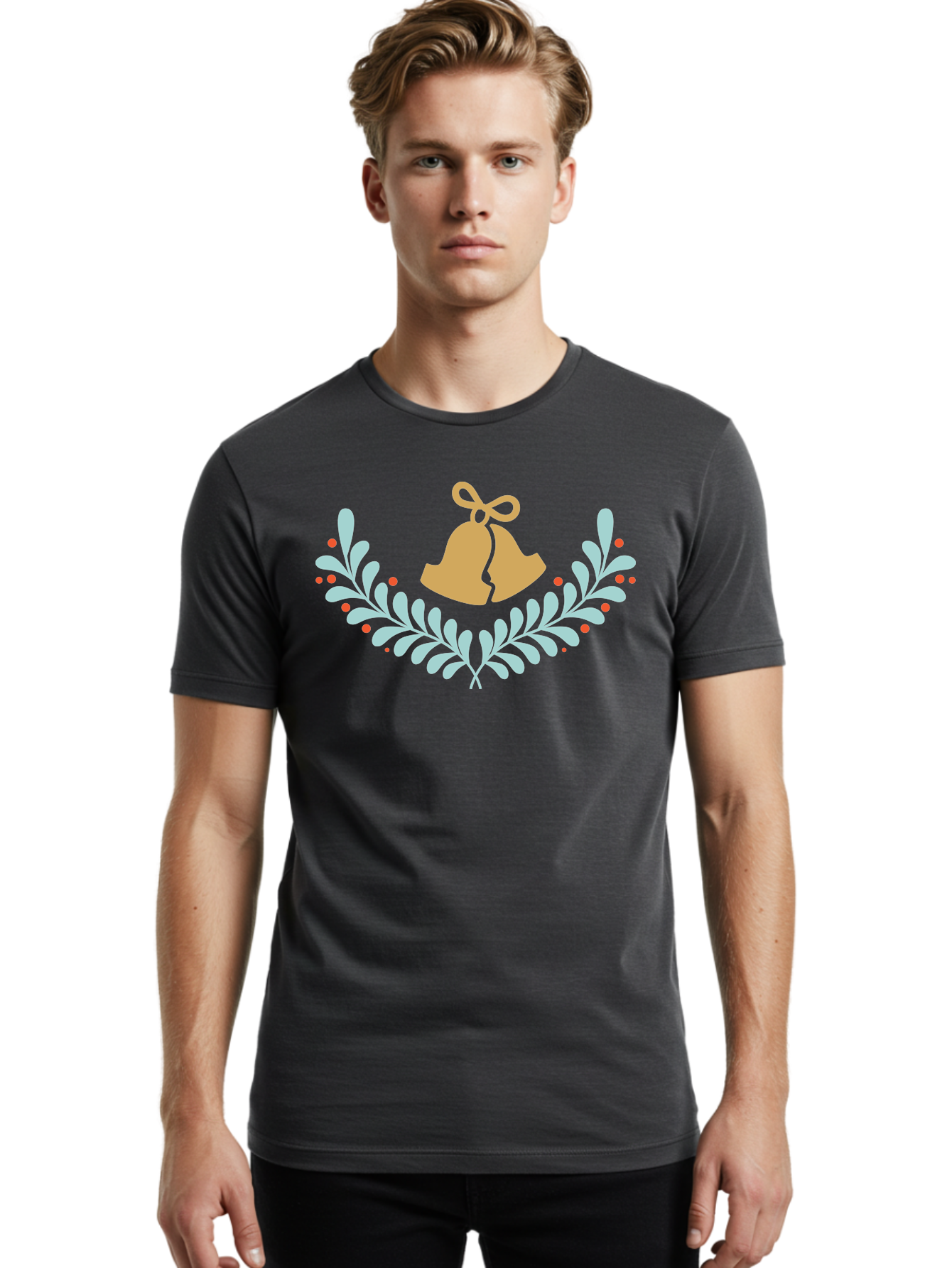 Christmas-Bells-1 Men'S Graphic Tee, 100% Cotton, Comfortable Casual Summer Wear, Machine Washable, Christmas Bells, Festive Wreath, Holiday Decorations, Orange Bells, White Leaves, Red Berries, Seasonal Decor, Winter Wonderland, Holiday Cheer Aac577 6