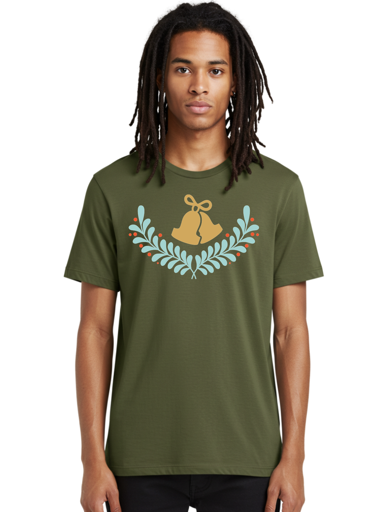 Christmas-Bells-1 Men'S Graphic Tee, 100% Cotton, Comfortable Casual Summer Wear, Machine Washable, Christmas Bells, Festive Wreath, Holiday Decorations, Orange Bells, White Leaves, Red Berries, Seasonal Decor, Winter Wonderland, Holiday Cheer Aac577