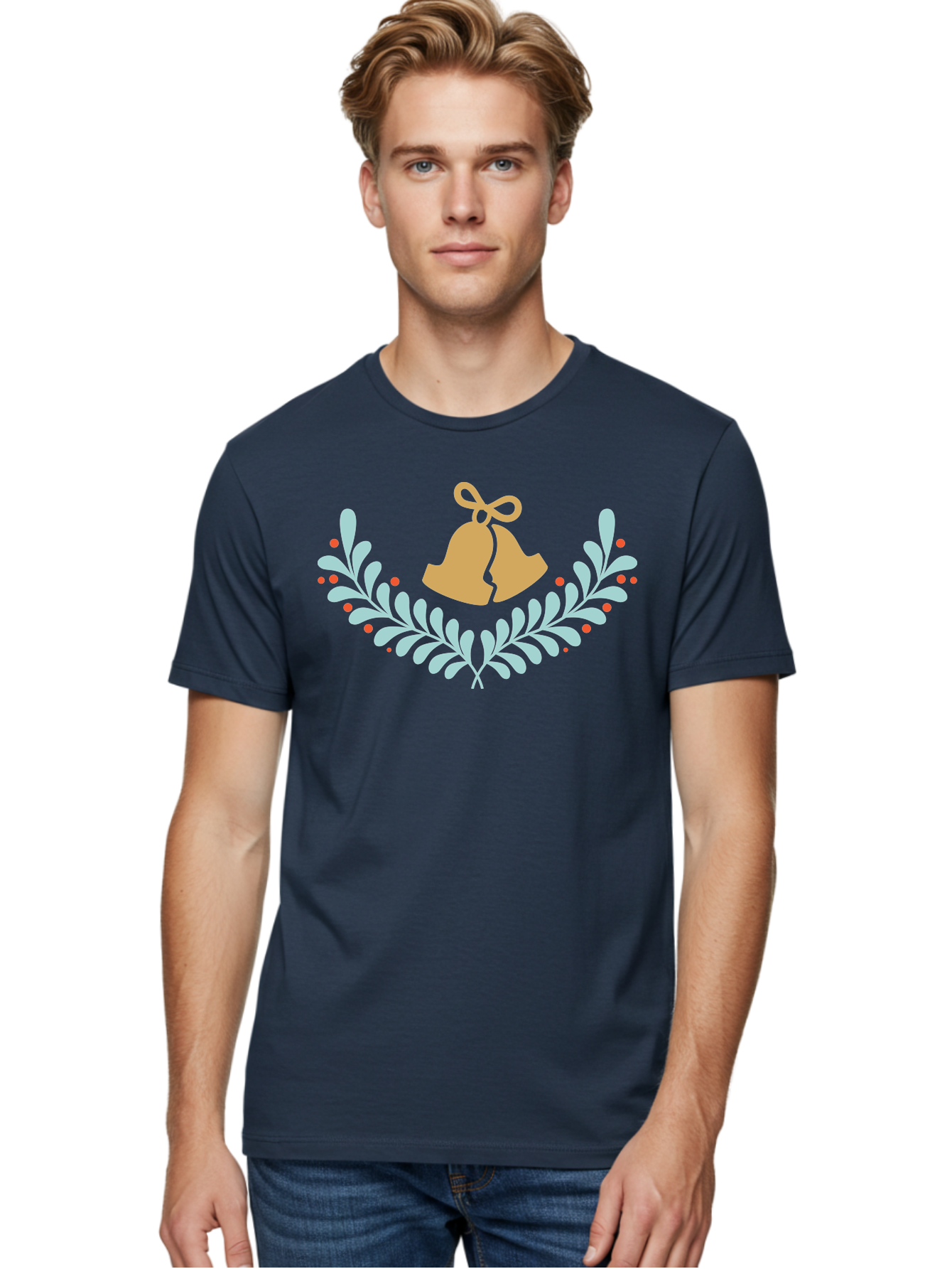 Christmas-Bells-1 Men'S Graphic Tee, 100% Cotton, Comfortable Casual Summer Wear, Machine Washable, Christmas Bells, Festive Wreath, Holiday Decorations, Orange Bells, White Leaves, Red Berries, Seasonal Decor, Winter Wonderland, Holiday Cheer Aac577 16