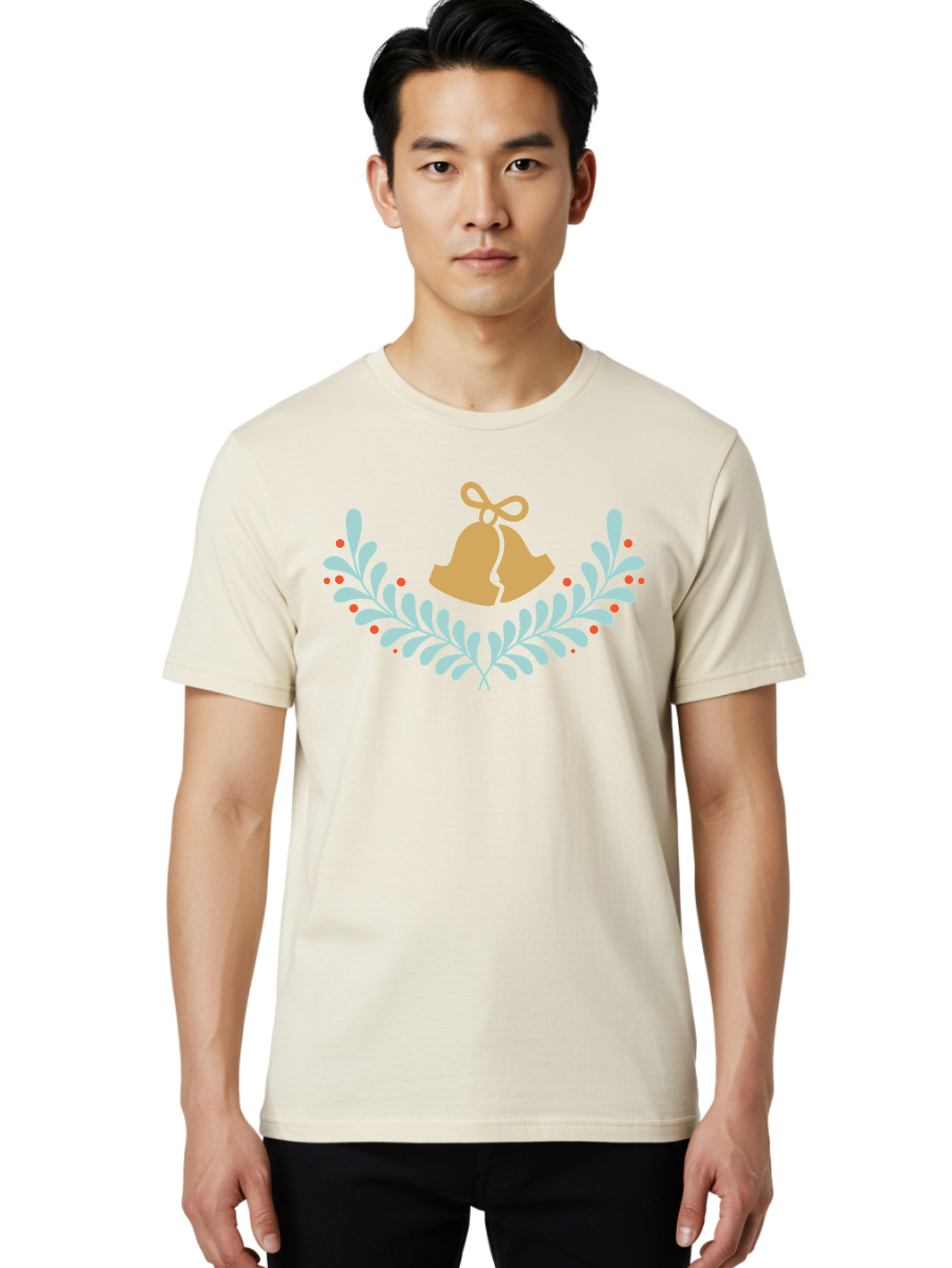 Christmas-Bells Men'S Graphic Tee, 100% Cotton, Comfortable Casual Summer Wear, Machine Washable, Christmas Bells, Holly Leaves, Festive Decorations, Holiday Symbols, Christmas Ornaments, Golden Bells, Red Berries Aac578