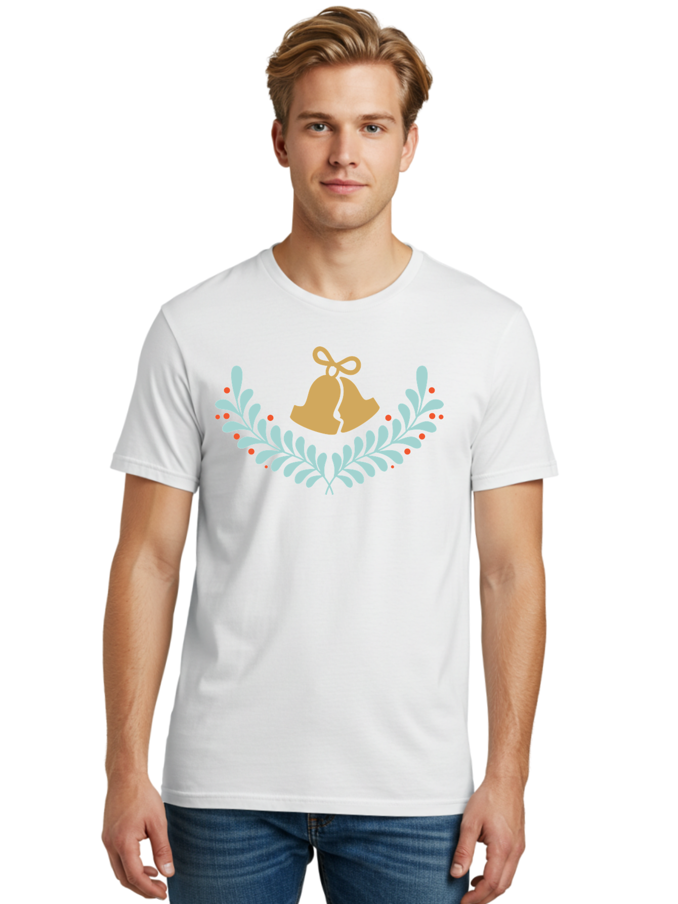 Christmas-Bells Men'S Graphic Tee, 100% Cotton, Comfortable Casual Summer Wear, Machine Washable, Christmas Bells, Holly Leaves, Festive Decorations, Holiday Symbols, Christmas Ornaments, Golden Bells, Red Berries Aac578 24
