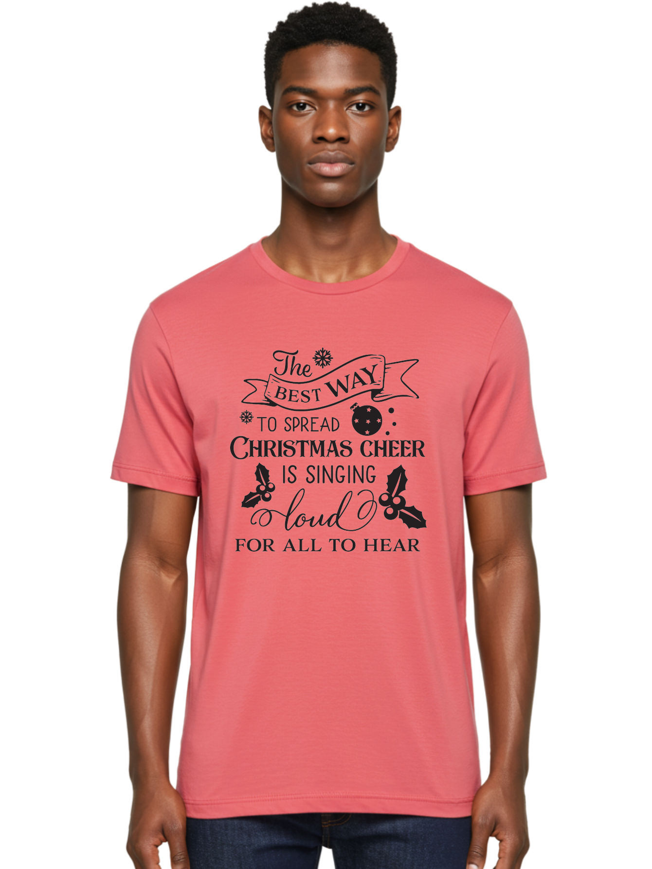 Christmas-Cheer-Quote Men'S Graphic Tee, 100% Cotton, Comfortable Casual Summer Wear, Machine Washable, Christmas Quote, Holiday Cheer, Festive Decor, Black Typography, Christmas Ornament, Holly Leaves, Banner Design, Joyful Message, Aac579 18