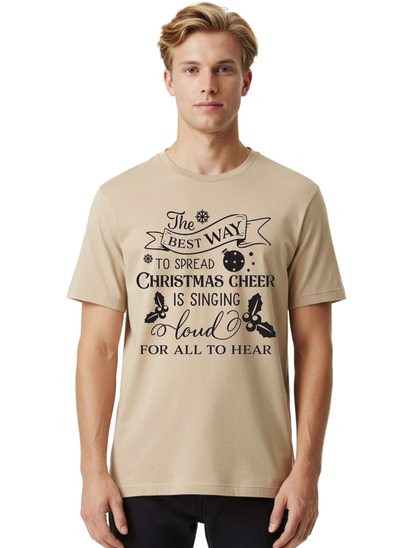 Christmas-Cheer-Quote Men'S Graphic Tee, 100% Cotton, Comfortable Casual Summer Wear, Machine Washable, Christmas Quote, Holiday Cheer, Festive Decor, Black Typography, Christmas Ornament, Holly Leaves, Banner Design, Joyful Message, Aac579 16