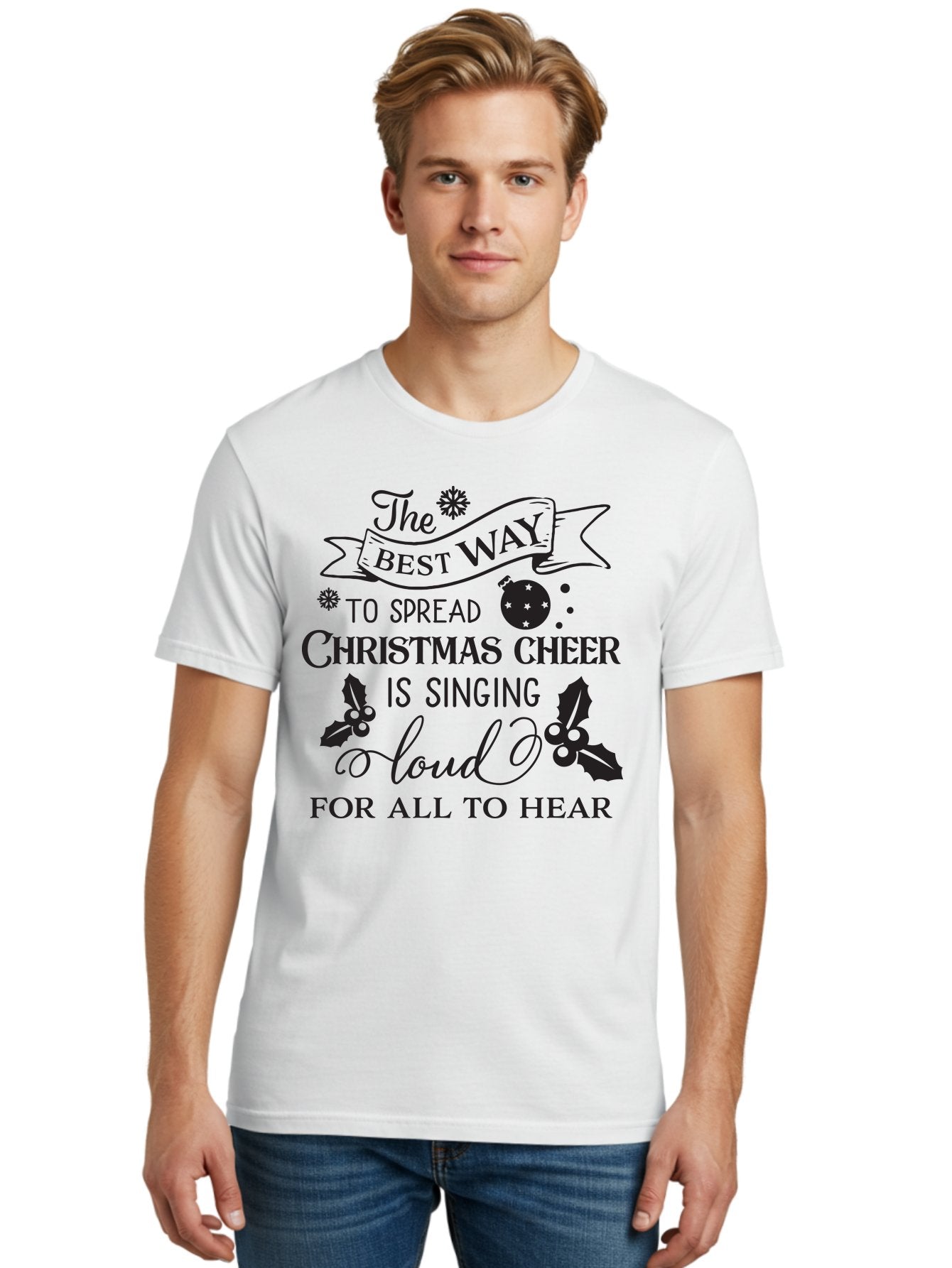 Christmas-Cheer-Quote Men'S Graphic Tee, 100% Cotton, Comfortable Casual Summer Wear, Machine Washable, Christmas Quote, Holiday Cheer, Festive Decor, Black Typography, Christmas Ornament, Holly Leaves, Banner Design, Joyful Message, Aac579 26