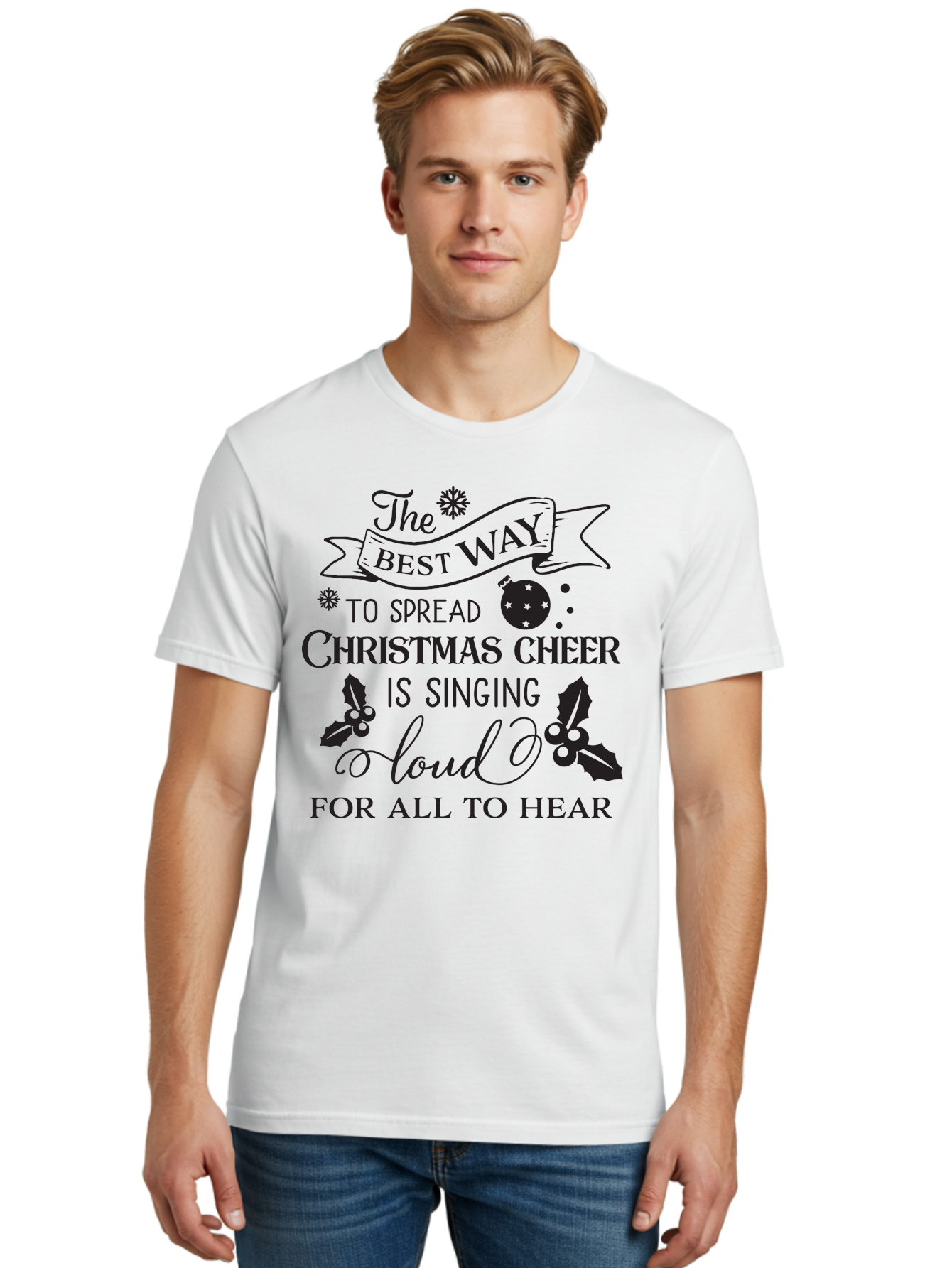 Christmas-Cheer-Quote Men'S Graphic Tee, 100% Cotton, Comfortable Casual Summer Wear, Machine Washable, Christmas Quote, Holiday Cheer, Festive Decor, Black Typography, Christmas Ornament, Holly Leaves, Banner Design, Joyful Message, Aac579 10