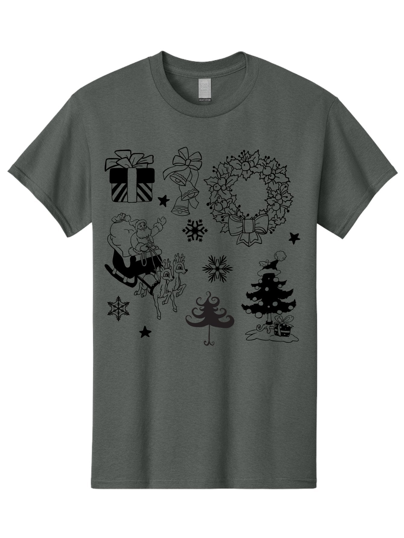 Christmas-Elements Men'S Graphic Tee, 100% Cotton, Comfortable Casual Summer Wear, Machine Washable, Santa Claus, Reindeer, Christmas Tree, Wreath, Gifts, Bows, Snowflakes, Stars, Festive Decorations, Holiday Graphics, Christmas Illustrations, Aac580