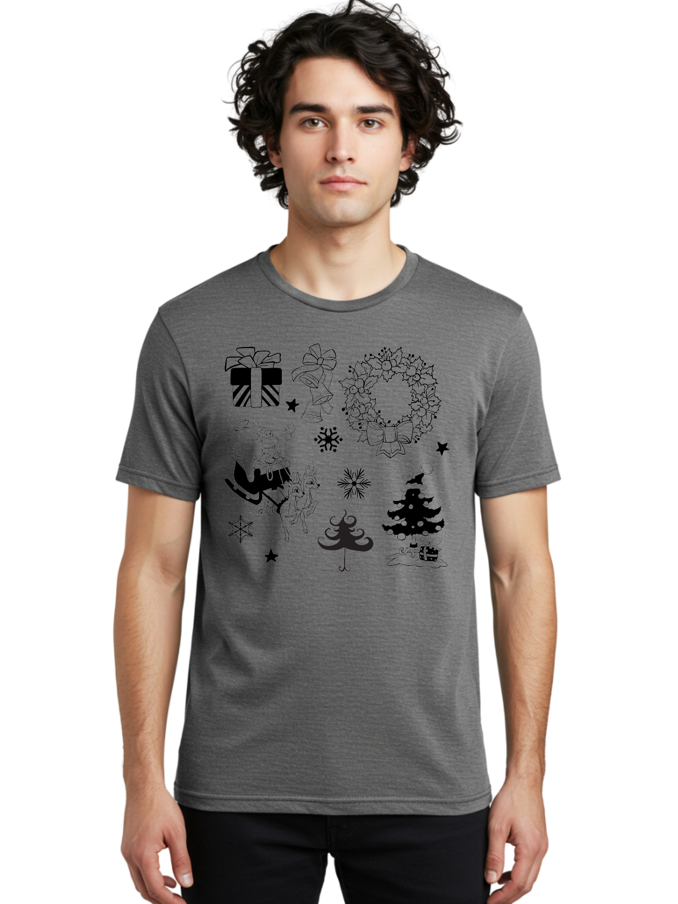 Christmas-Elements Men'S Graphic Tee, 100% Cotton, Comfortable Casual Summer Wear, Machine Washable, Santa Claus, Reindeer, Christmas Tree, Wreath, Gifts, Bows, Snowflakes, Stars, Festive Decorations, Holiday Graphics, Christmas Illustrations, Aac580 24