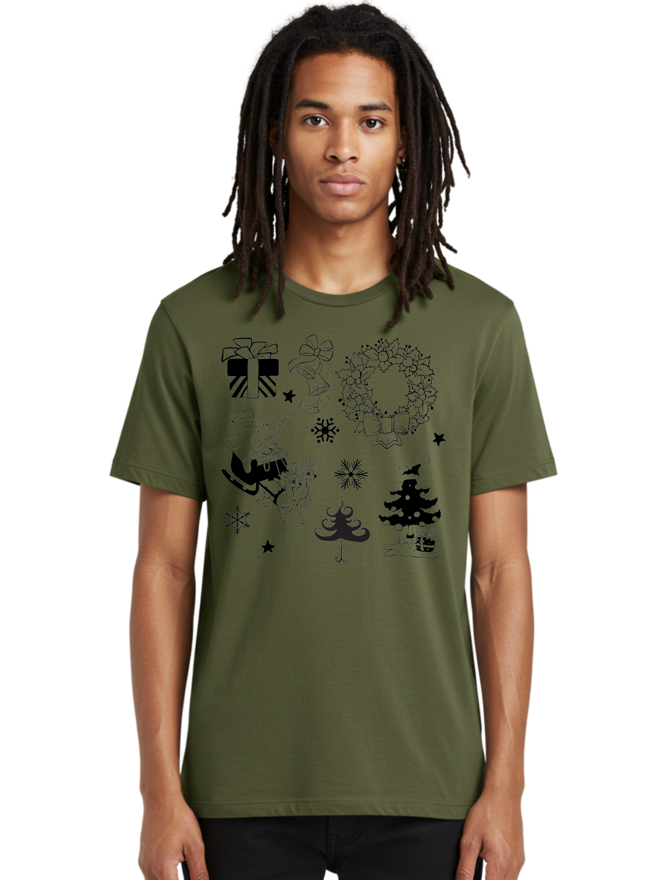 Christmas-Elements Men'S Graphic Tee, 100% Cotton, Comfortable Casual Summer Wear, Machine Washable, Santa Claus, Reindeer, Christmas Tree, Wreath, Gifts, Bows, Snowflakes, Stars, Festive Decorations, Holiday Graphics, Christmas Illustrations, Aac580 26