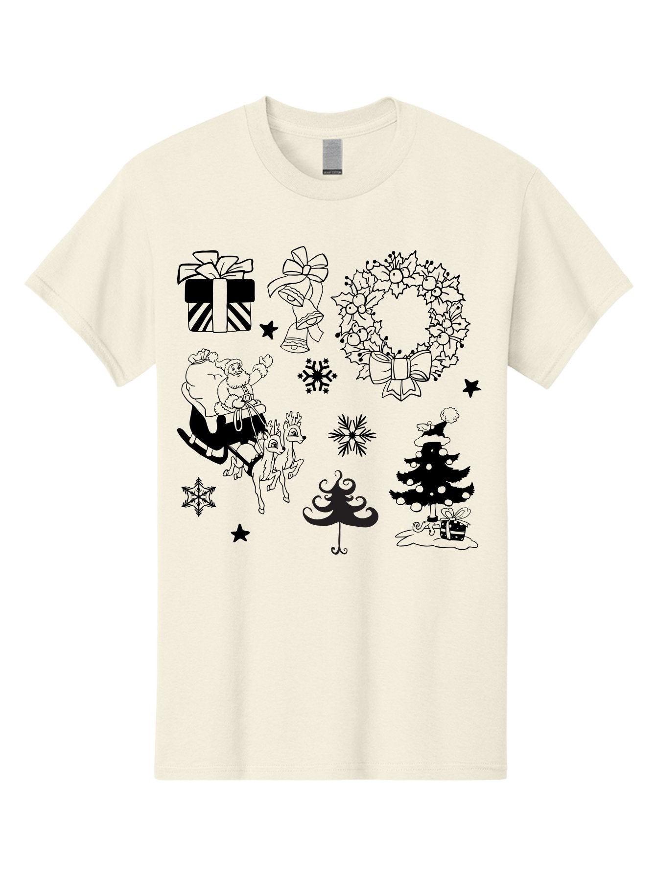 Christmas-Elements Men'S Graphic Tee, 100% Cotton, Comfortable Casual Summer Wear, Machine Washable, Santa Claus, Reindeer, Christmas Tree, Wreath, Gifts, Bows, Snowflakes, Stars, Festive Decorations, Holiday Graphics, Christmas Illustrations, Aac580 9