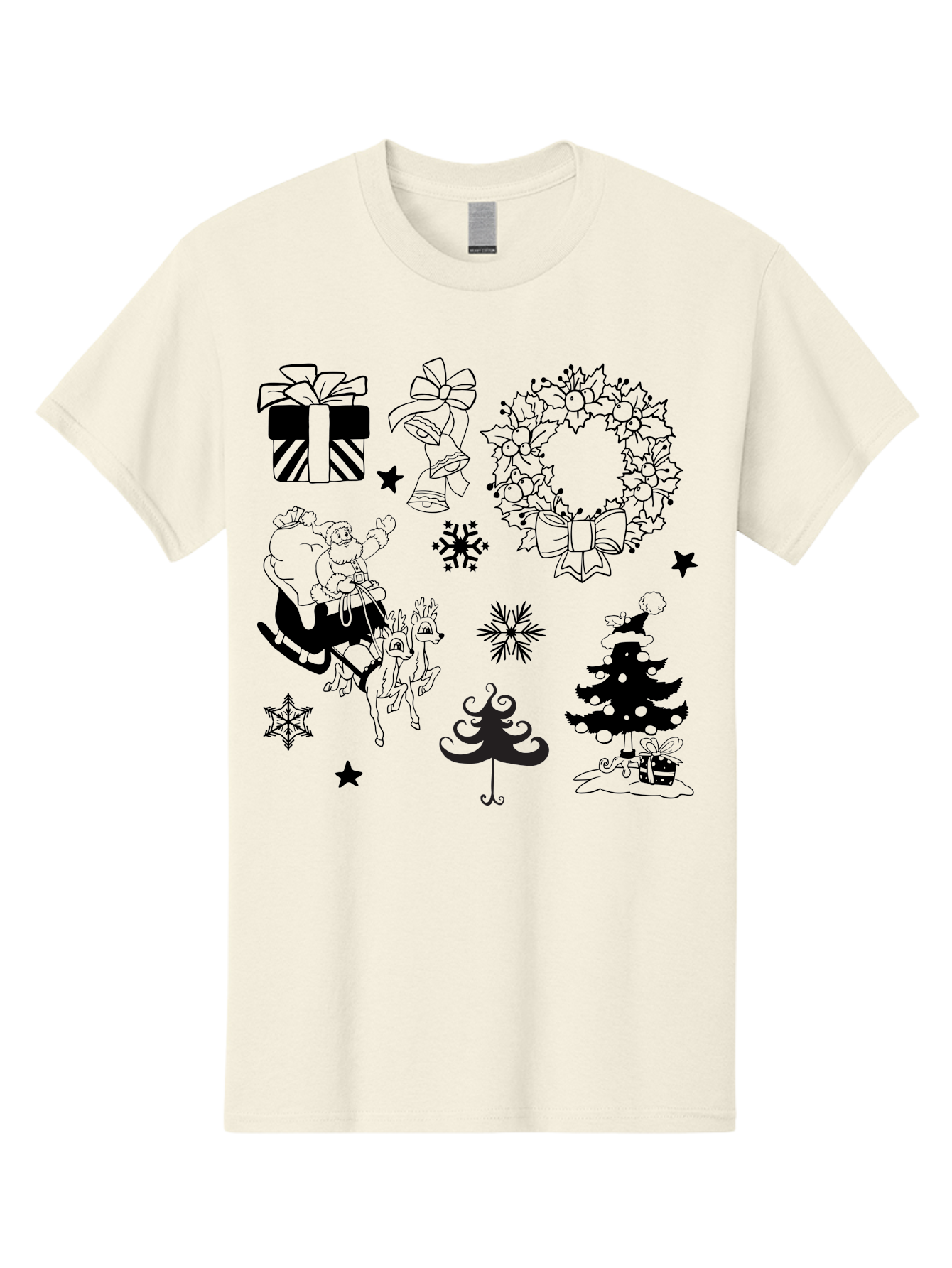 Christmas-Elements Men'S Graphic Tee, 100% Cotton, Comfortable Casual Summer Wear, Machine Washable, Santa Claus, Reindeer, Christmas Tree, Wreath, Gifts, Bows, Snowflakes, Stars, Festive Decorations, Holiday Graphics, Christmas Illustrations, Aac580 9