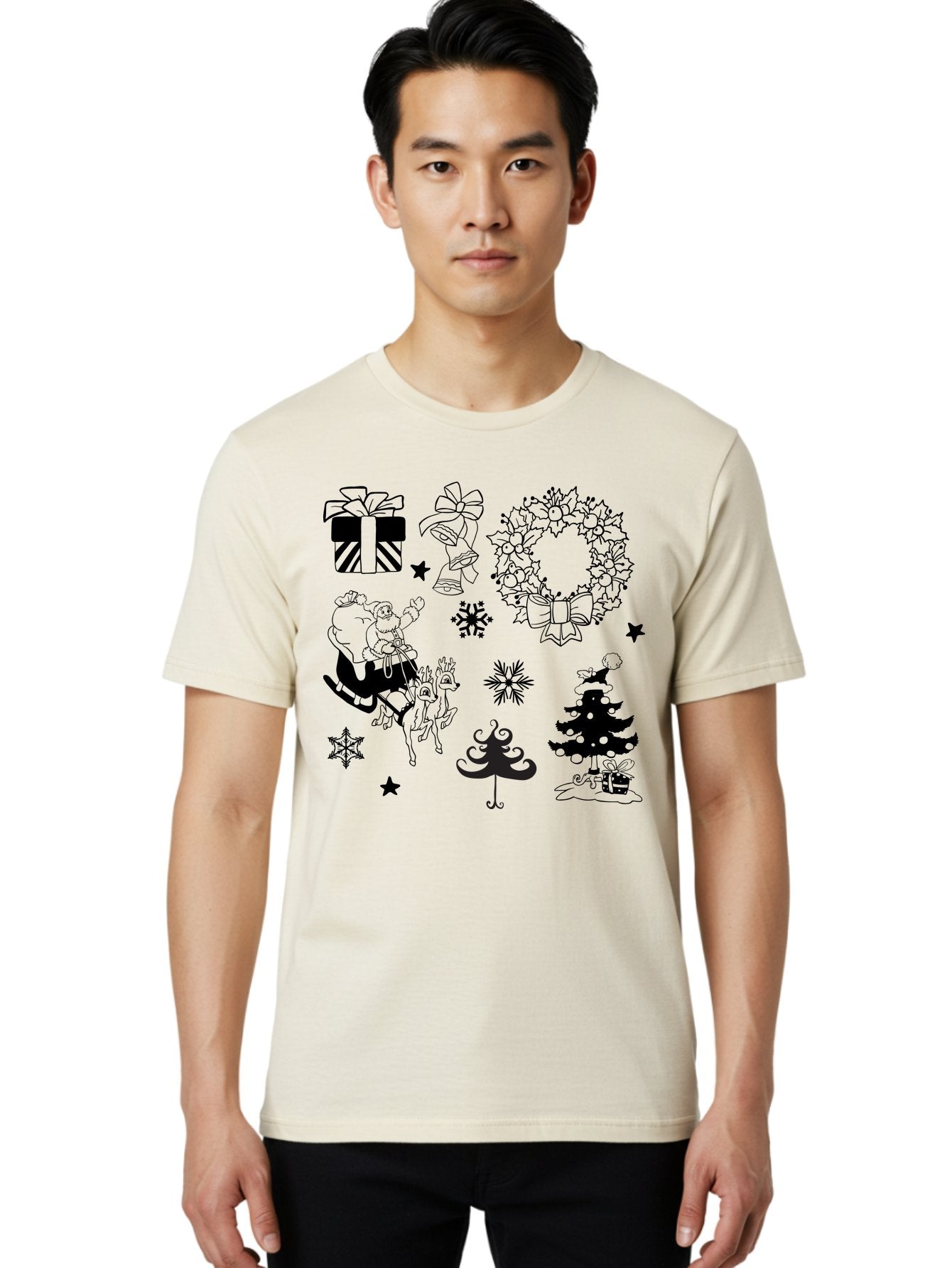 Christmas-Elements Men'S Graphic Tee, 100% Cotton, Comfortable Casual Summer Wear, Machine Washable, Santa Claus, Reindeer, Christmas Tree, Wreath, Gifts, Bows, Snowflakes, Stars, Festive Decorations, Holiday Graphics, Christmas Illustrations, Aac580 26