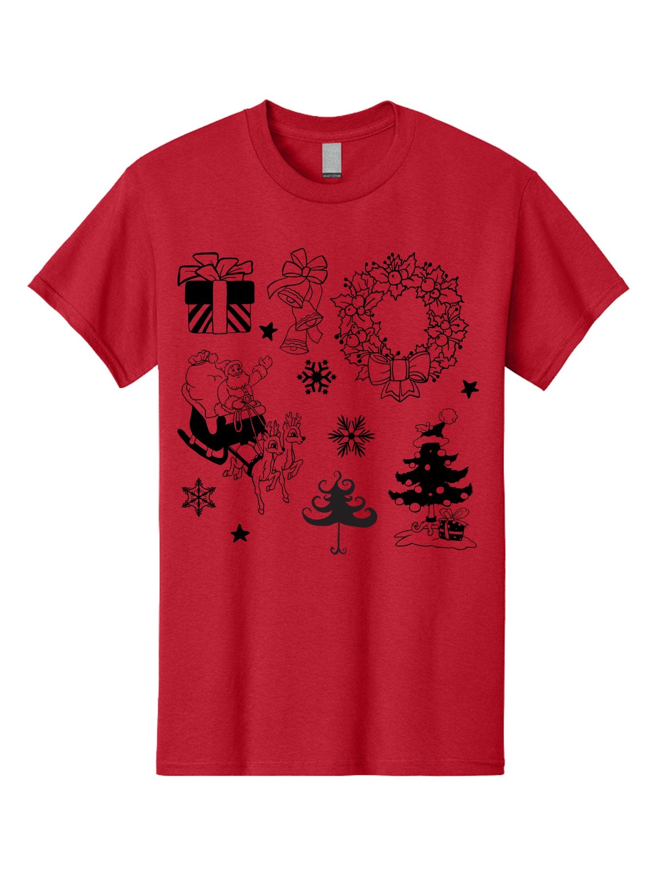 Christmas-Elements Men'S Graphic Tee, 100% Cotton, Comfortable Casual Summer Wear, Machine Washable, Santa Claus, Reindeer, Christmas Tree, Wreath, Gifts, Bows, Snowflakes, Stars, Festive Decorations, Holiday Graphics, Christmas Illustrations, Aac580 12