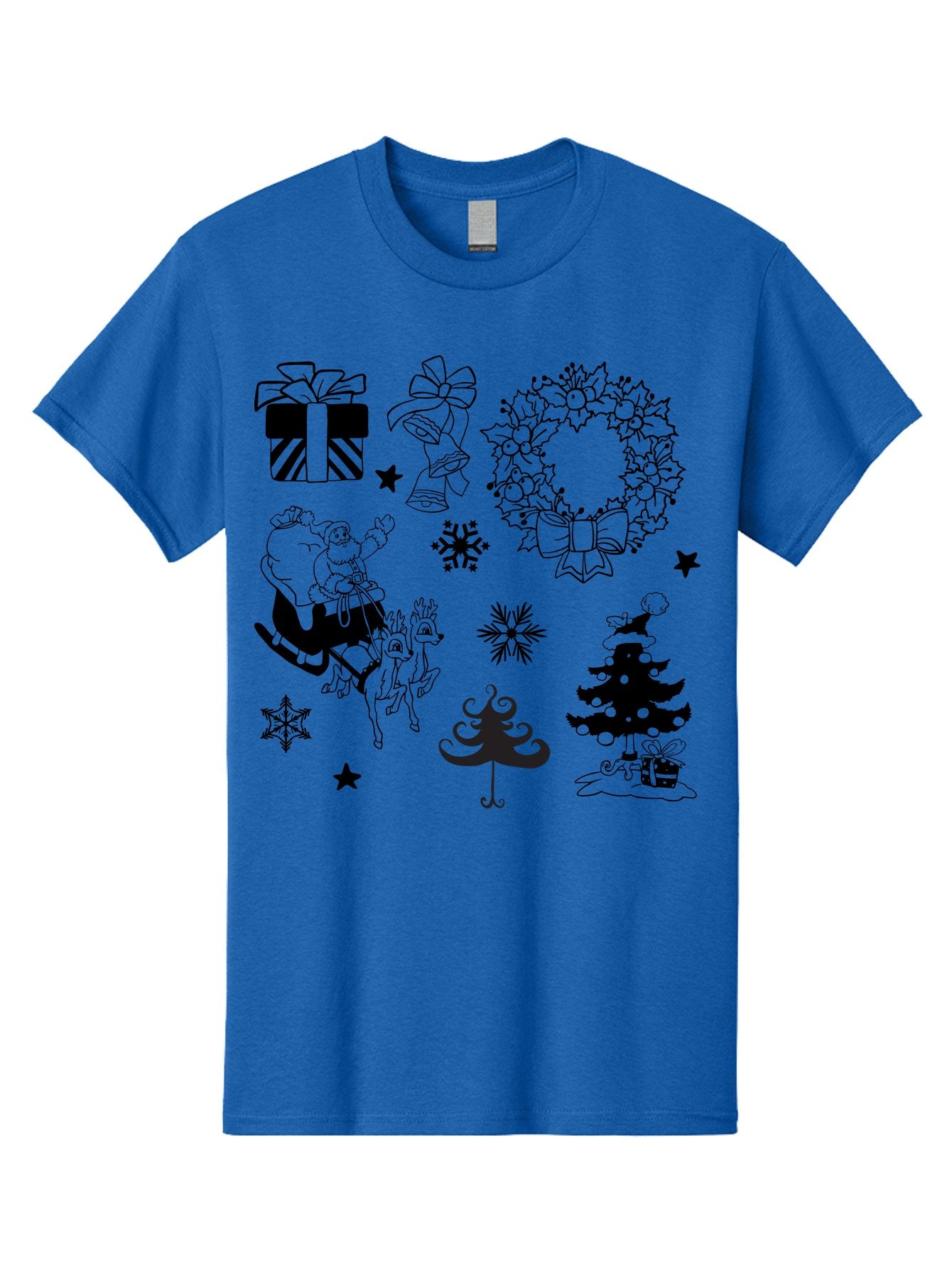 Christmas-Elements Men'S Graphic Tee, 100% Cotton, Comfortable Casual Summer Wear, Machine Washable, Santa Claus, Reindeer, Christmas Tree, Wreath, Gifts, Bows, Snowflakes, Stars, Festive Decorations, Holiday Graphics, Christmas Illustrations, Aac580 5