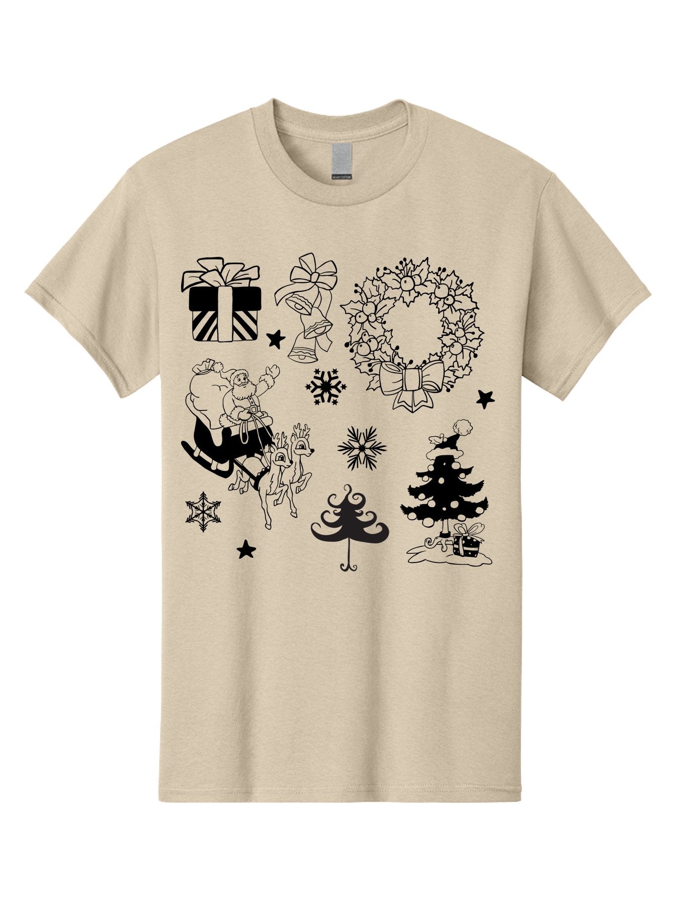 Christmas-Elements Men'S Graphic Tee, 100% Cotton, Comfortable Casual Summer Wear, Machine Washable, Santa Claus, Reindeer, Christmas Tree, Wreath, Gifts, Bows, Snowflakes, Stars, Festive Decorations, Holiday Graphics, Christmas Illustrations, Aac580 3