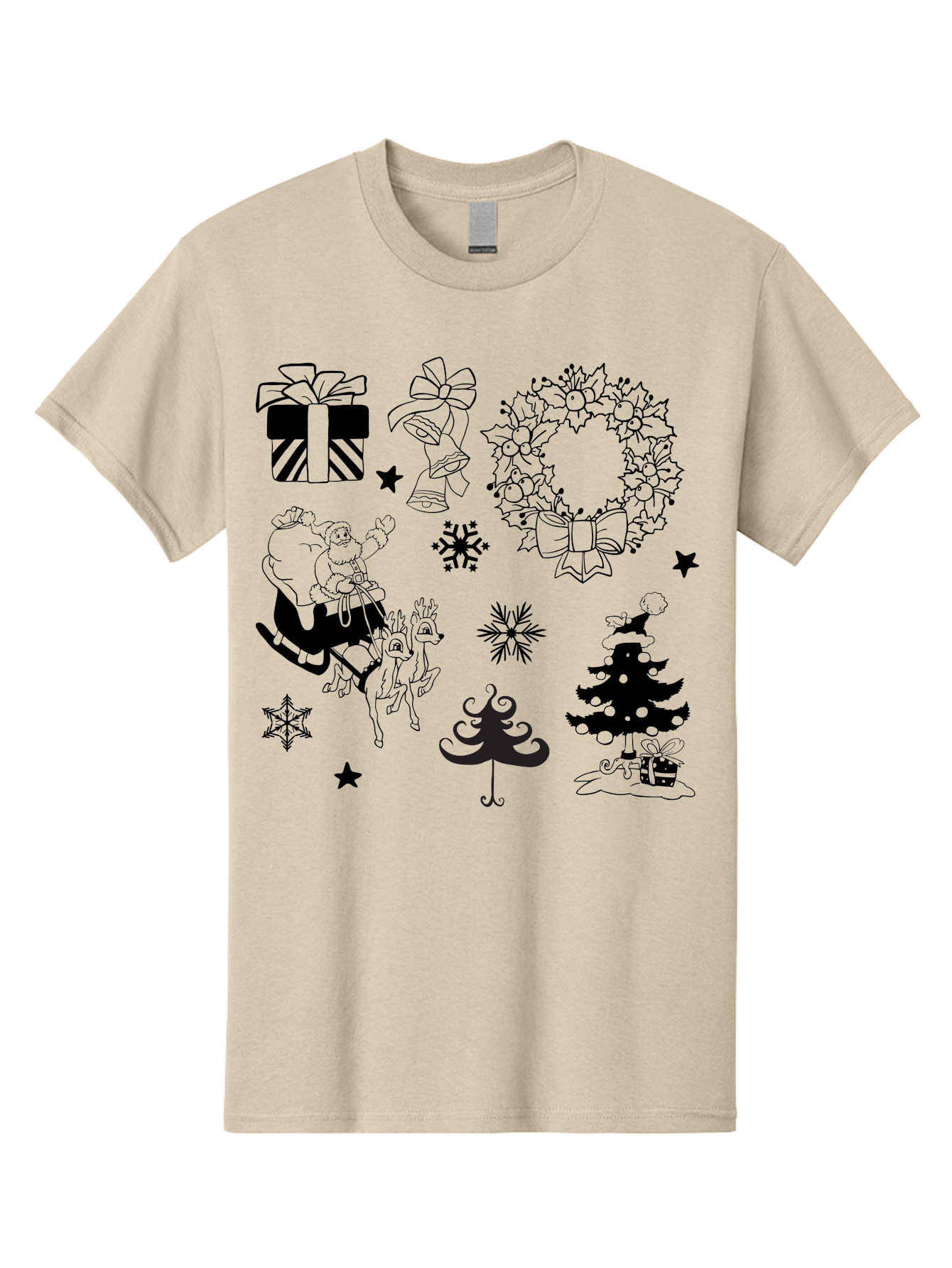 Christmas-Elements Men'S Graphic Tee, 100% Cotton, Comfortable Casual Summer Wear, Machine Washable, Santa Claus, Reindeer, Christmas Tree, Wreath, Gifts, Bows, Snowflakes, Stars, Festive Decorations, Holiday Graphics, Christmas Illustrations, Aac580 17