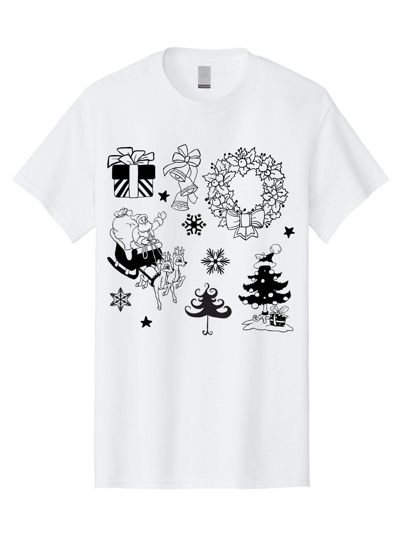 Christmas-Elements Men'S Graphic Tee, 100% Cotton, Comfortable Casual Summer Wear, Machine Washable, Santa Claus, Reindeer, Christmas Tree, Wreath, Gifts, Bows, Snowflakes, Stars, Festive Decorations, Holiday Graphics, Christmas Illustrations, Aac580