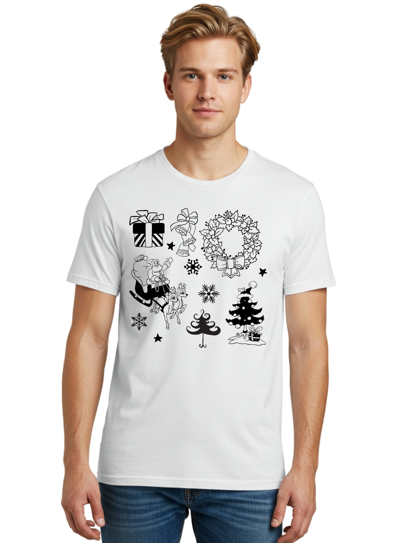 Christmas-Elements Men'S Graphic Tee, 100% Cotton, Comfortable Casual Summer Wear, Machine Washable, Santa Claus, Reindeer, Christmas Tree, Wreath, Gifts, Bows, Snowflakes, Stars, Festive Decorations, Holiday Graphics, Christmas Illustrations, Aac580 19