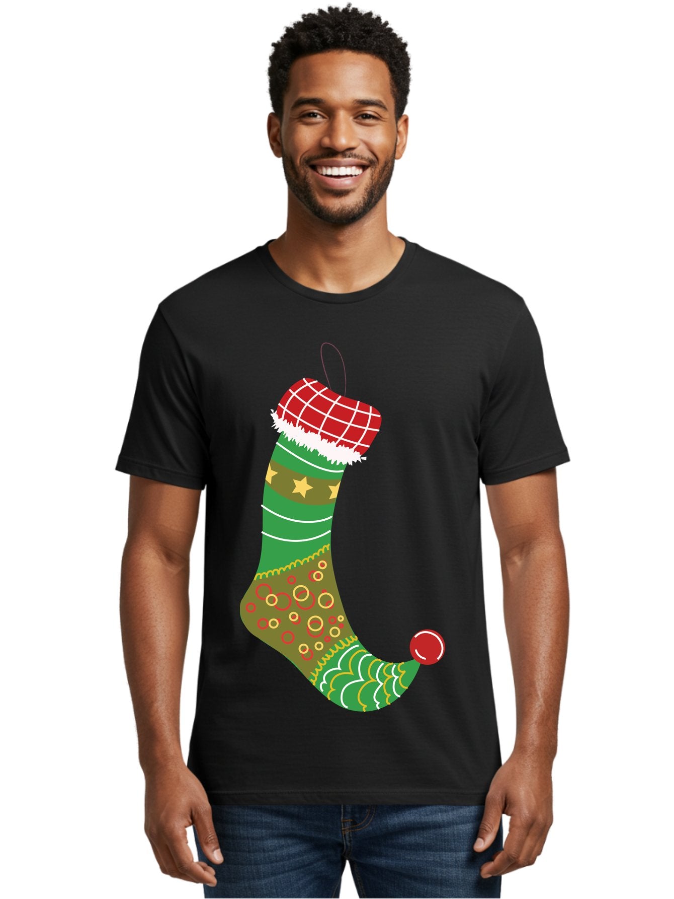 Christmas-Stocking-1 Men'S Graphic Tee, 100% Cotton, Comfortable Casual Summer Wear, Machine Washable, Christmas Stocking, Holiday Decoration, Festive Colors, Red And Green Stripes, Gold Stars, Hanging Ornament, Holly Jolly, Santa Claus, Aac585 22