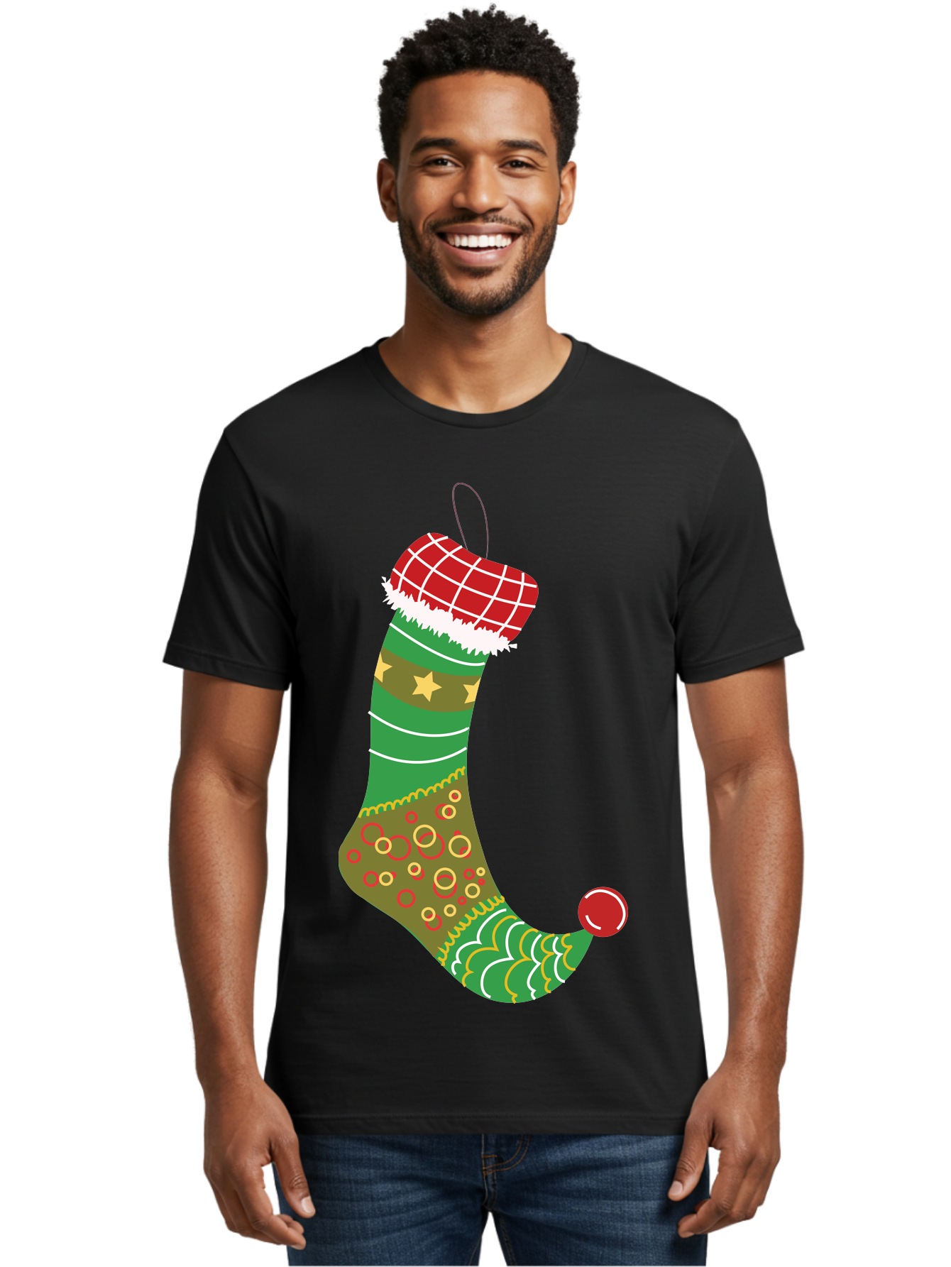Christmas-Stocking-1 Men'S Graphic Tee, 100% Cotton, Comfortable Casual Summer Wear, Machine Washable, Christmas Stocking, Holiday Decoration, Festive Colors, Red And Green Stripes, Gold Stars, Hanging Ornament, Holly Jolly, Santa Claus, Aac585 18