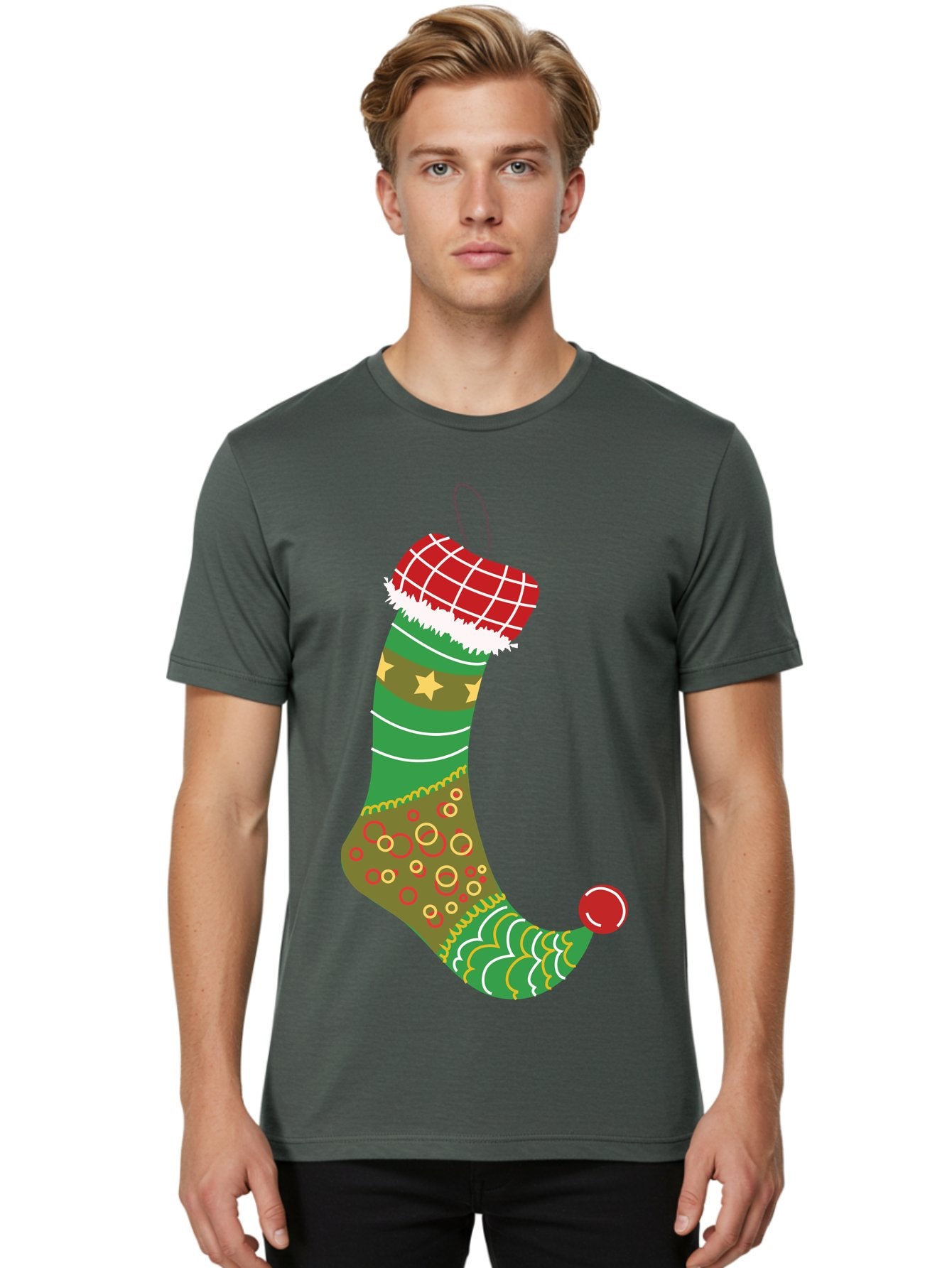 Christmas-Stocking-1 Men'S Graphic Tee, 100% Cotton, Comfortable Casual Summer Wear, Machine Washable, Christmas Stocking, Holiday Decoration, Festive Colors, Red And Green Stripes, Gold Stars, Hanging Ornament, Holly Jolly, Santa Claus, Aac585 18