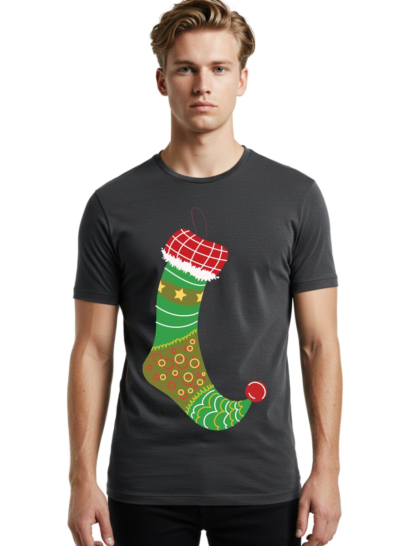 Christmas-Stocking-1 Men'S Graphic Tee, 100% Cotton, Comfortable Casual Summer Wear, Machine Washable, Christmas Stocking, Holiday Decoration, Festive Colors, Red And Green Stripes, Gold Stars, Hanging Ornament, Holly Jolly, Santa Claus, Aac585 20