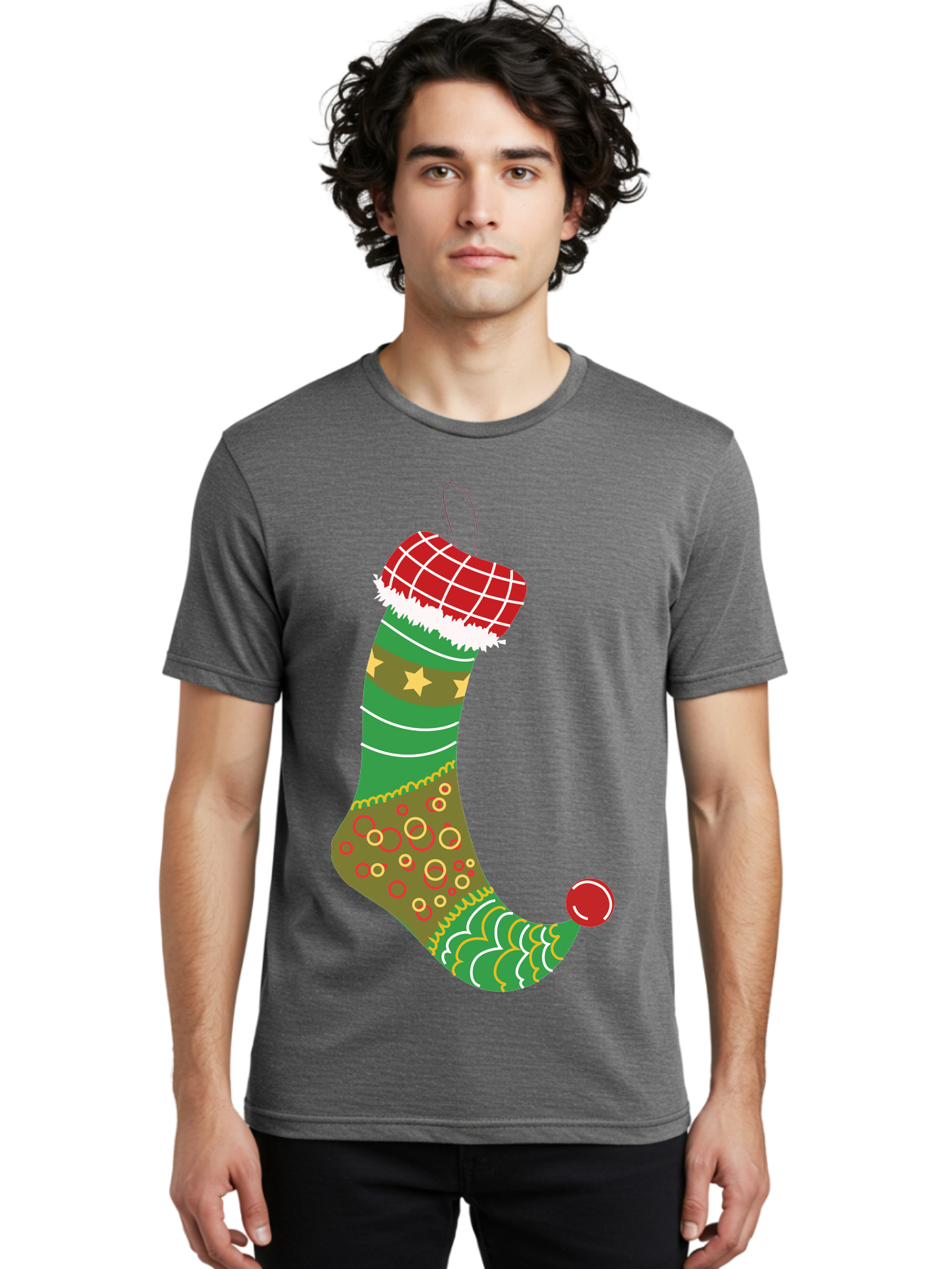 Christmas-Stocking-1 Men'S Graphic Tee, 100% Cotton, Comfortable Casual Summer Wear, Machine Washable, Christmas Stocking, Holiday Decoration, Festive Colors, Red And Green Stripes, Gold Stars, Hanging Ornament, Holly Jolly, Santa Claus, Aac585 12