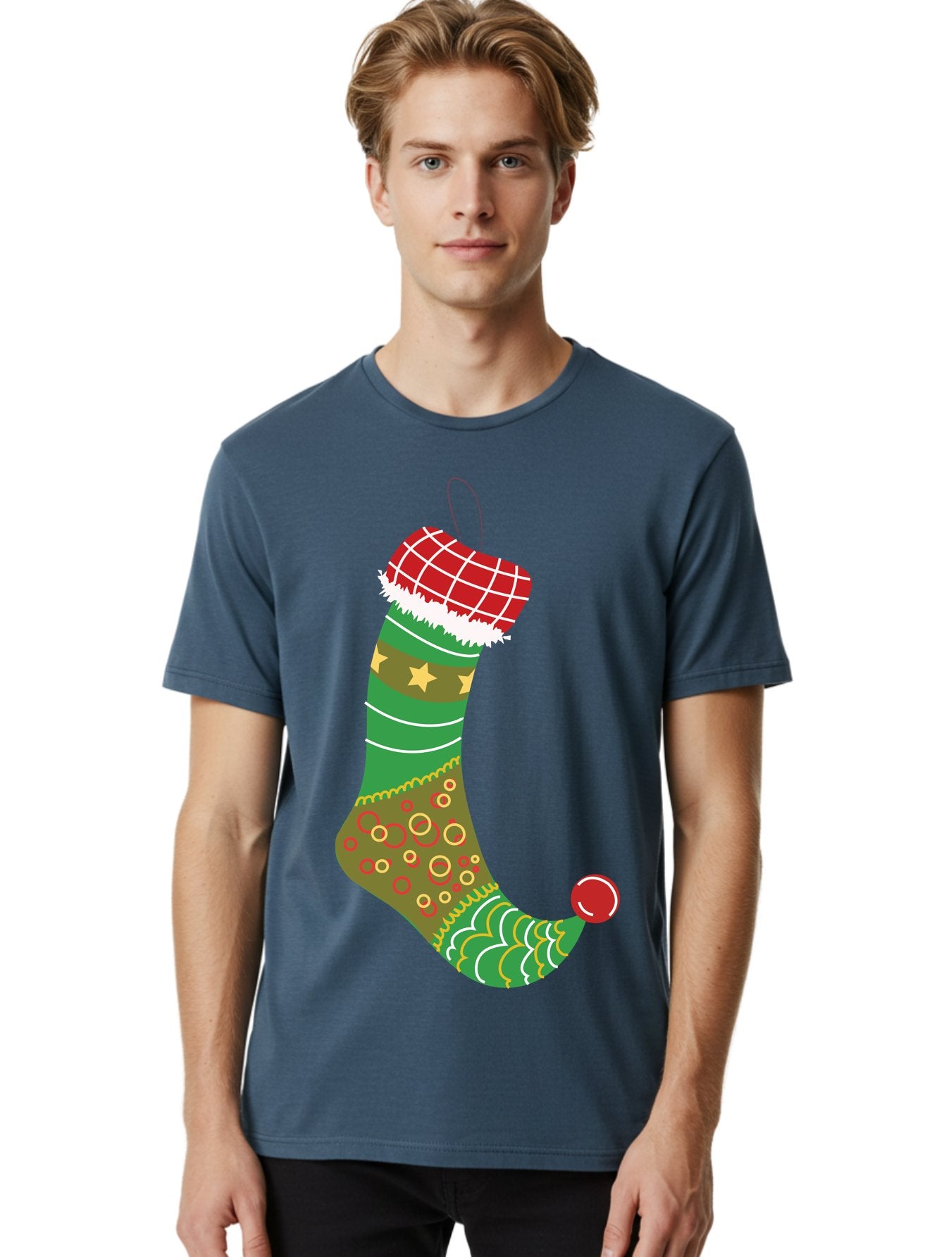 Christmas-Stocking-1 Men'S Graphic Tee, 100% Cotton, Comfortable Casual Summer Wear, Machine Washable, Christmas Stocking, Holiday Decoration, Festive Colors, Red And Green Stripes, Gold Stars, Hanging Ornament, Holly Jolly, Santa Claus, Aac585 29