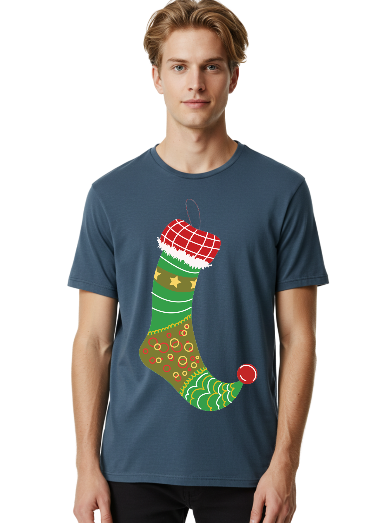 Christmas-Stocking-1 Men'S Graphic Tee, 100% Cotton, Comfortable Casual Summer Wear, Machine Washable, Christmas Stocking, Holiday Decoration, Festive Colors, Red And Green Stripes, Gold Stars, Hanging Ornament, Holly Jolly, Santa Claus, Aac585 4