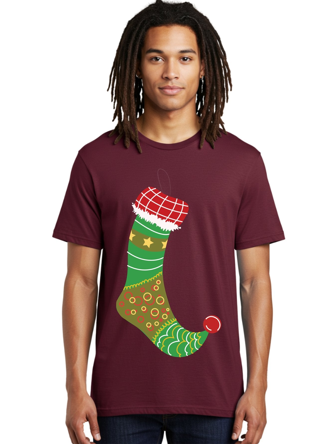Christmas-Stocking-1 Men'S Graphic Tee, 100% Cotton, Comfortable Casual Summer Wear, Machine Washable, Christmas Stocking, Holiday Decoration, Festive Colors, Red And Green Stripes, Gold Stars, Hanging Ornament, Holly Jolly, Santa Claus, Aac585 27