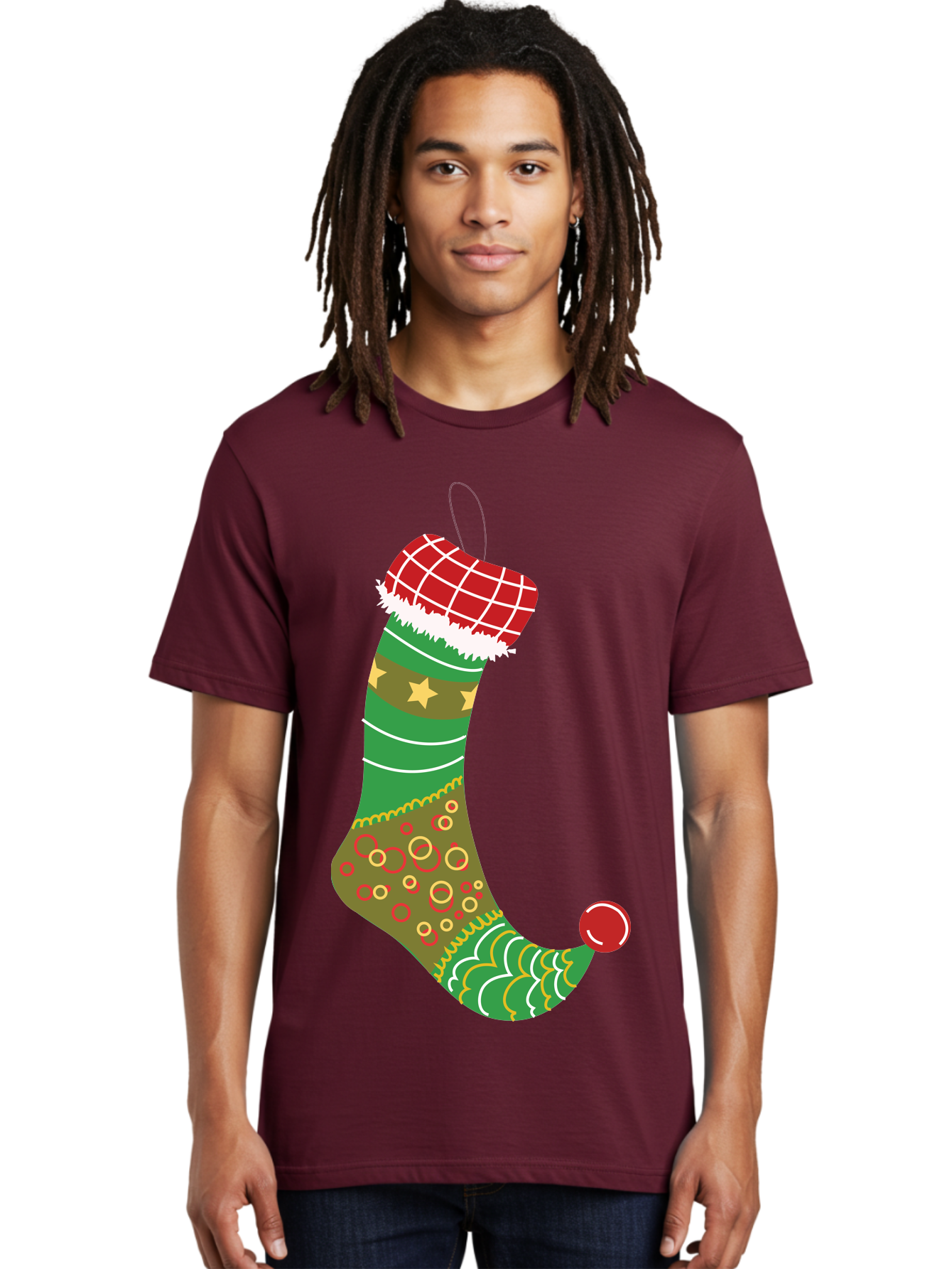 Christmas-Stocking-1 Men'S Graphic Tee, 100% Cotton, Comfortable Casual Summer Wear, Machine Washable, Christmas Stocking, Holiday Decoration, Festive Colors, Red And Green Stripes, Gold Stars, Hanging Ornament, Holly Jolly, Santa Claus, Aac585 8