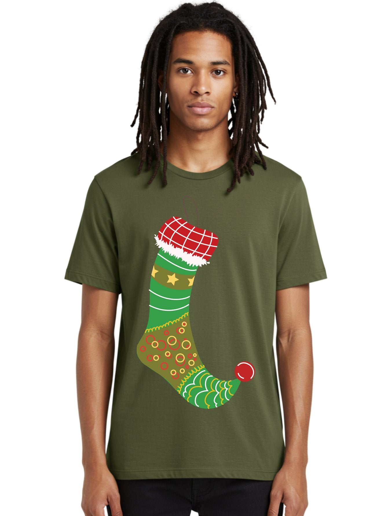 Christmas-Stocking-1 Men'S Graphic Tee, 100% Cotton, Comfortable Casual Summer Wear, Machine Washable, Christmas Stocking, Holiday Decoration, Festive Colors, Red And Green Stripes, Gold Stars, Hanging Ornament, Holly Jolly, Santa Claus, Aac585 16