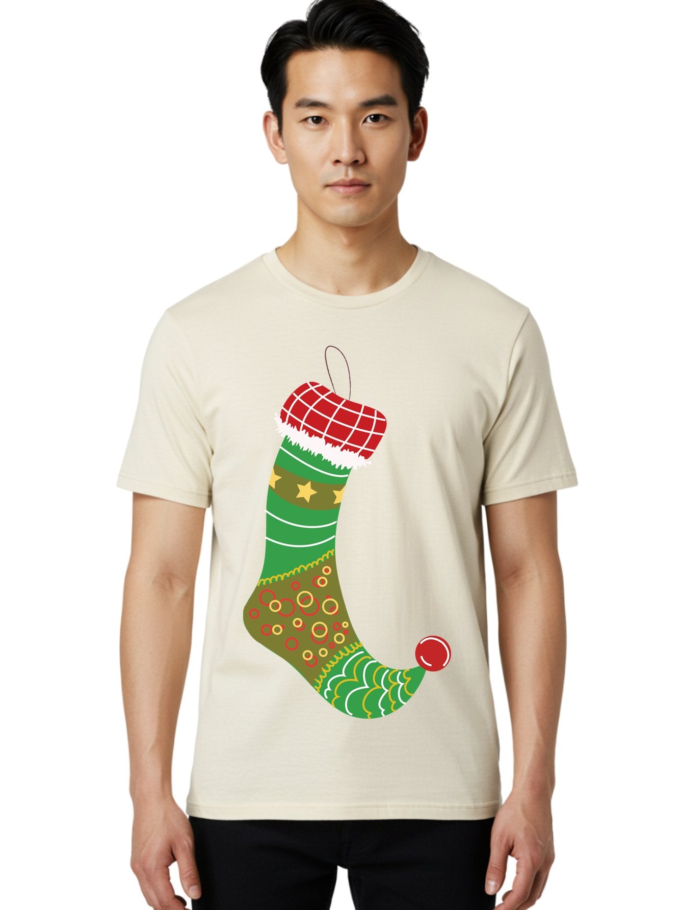 Christmas-Stocking-1 Men'S Graphic Tee, 100% Cotton, Comfortable Casual Summer Wear, Machine Washable, Christmas Stocking, Holiday Decoration, Festive Colors, Red And Green Stripes, Gold Stars, Hanging Ornament, Holly Jolly, Santa Claus, Aac585 17