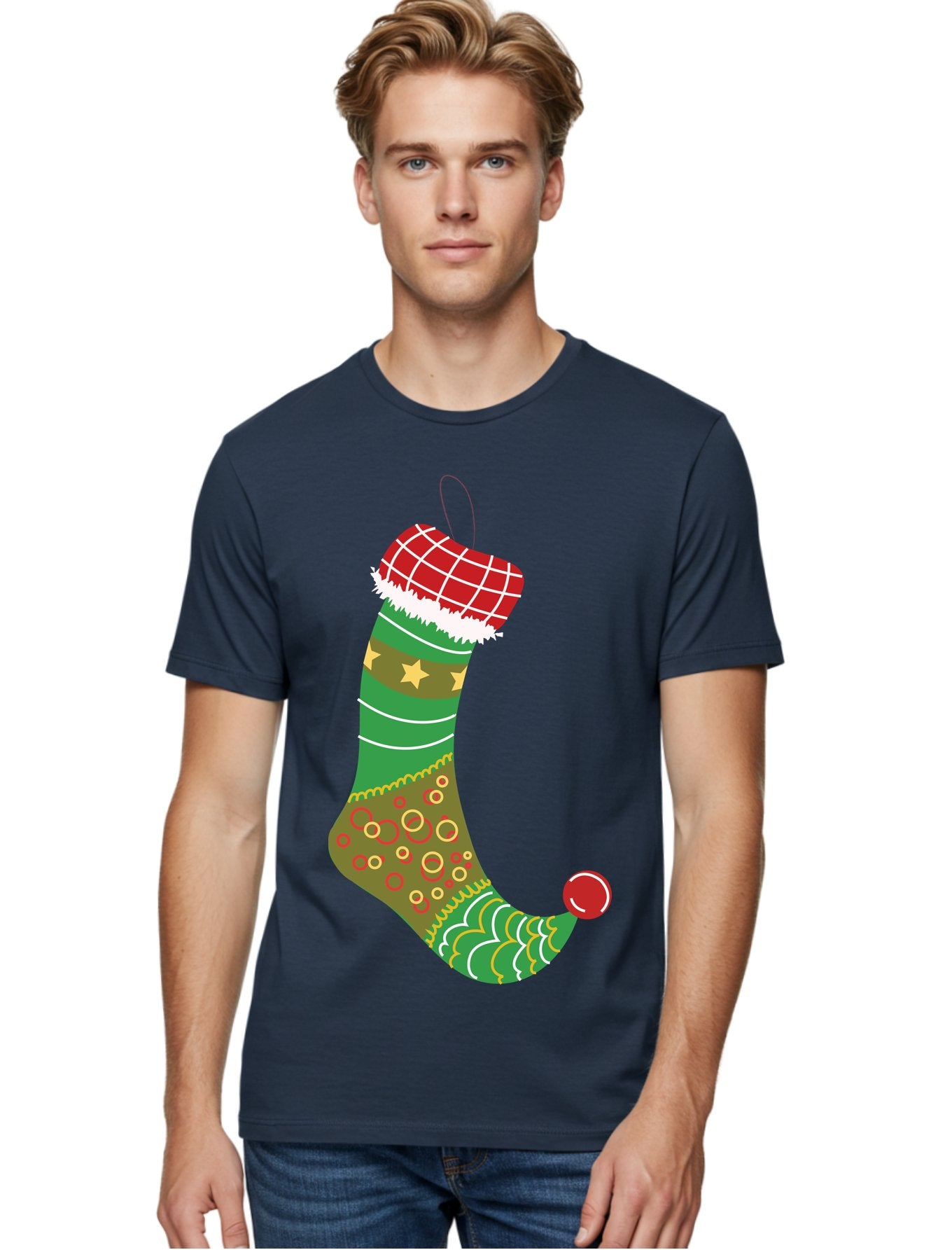 Christmas-Stocking-1 Men'S Graphic Tee, 100% Cotton, Comfortable Casual Summer Wear, Machine Washable, Christmas Stocking, Holiday Decoration, Festive Colors, Red And Green Stripes, Gold Stars, Hanging Ornament, Holly Jolly, Santa Claus, Aac585 23