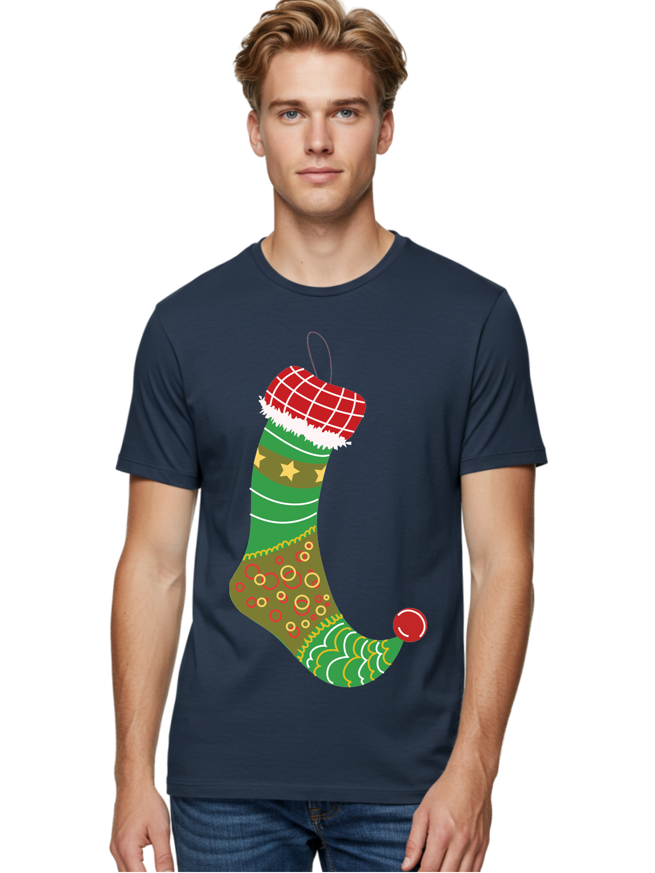 Christmas-Stocking-1 Men'S Graphic Tee, 100% Cotton, Comfortable Casual Summer Wear, Machine Washable, Christmas Stocking, Holiday Decoration, Festive Colors, Red And Green Stripes, Gold Stars, Hanging Ornament, Holly Jolly, Santa Claus, Aac585 16