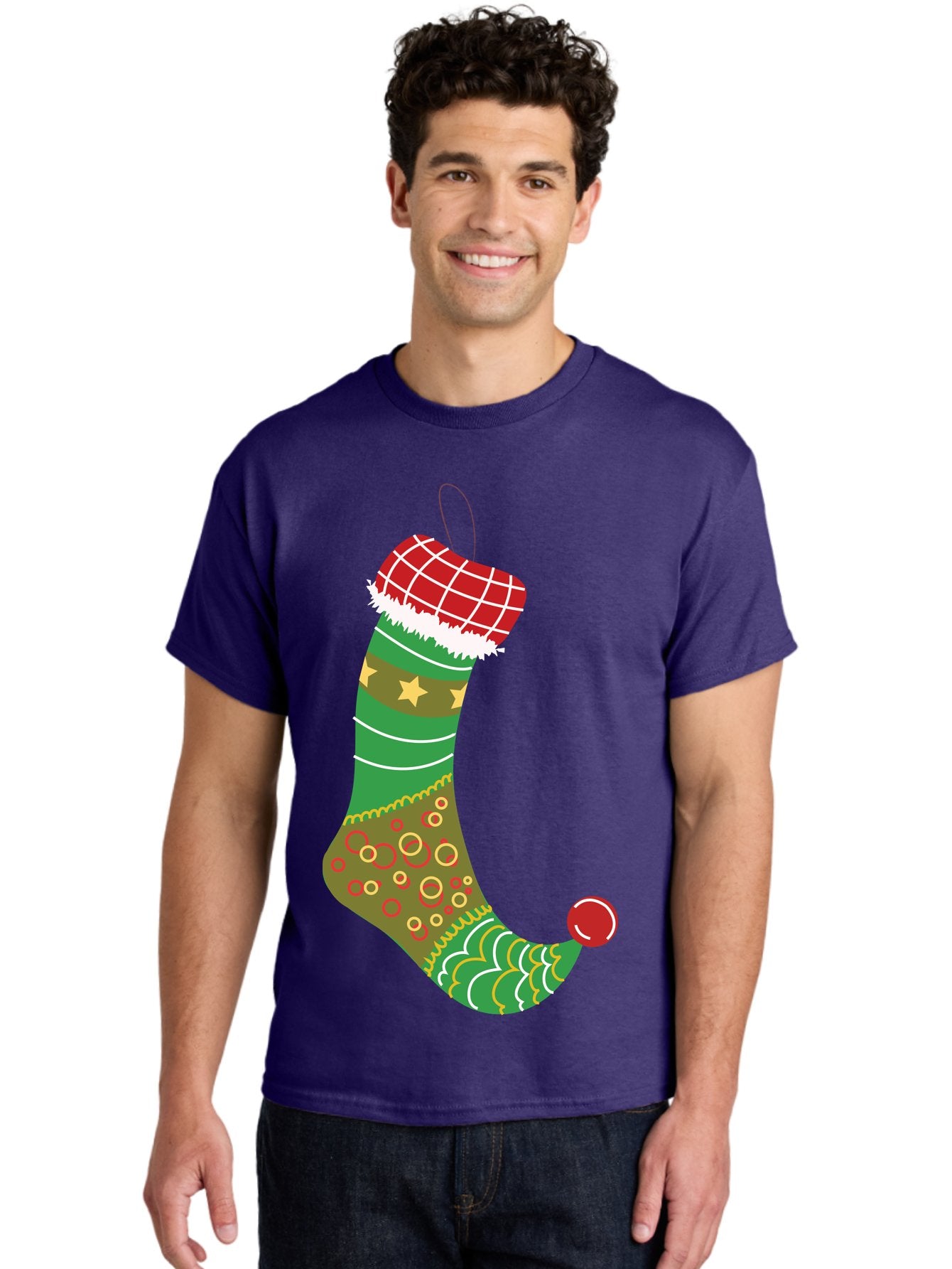 Christmas-Stocking-1 Men'S Graphic Tee, 100% Cotton, Comfortable Casual Summer Wear, Machine Washable, Christmas Stocking, Holiday Decoration, Festive Colors, Red And Green Stripes, Gold Stars, Hanging Ornament, Holly Jolly, Santa Claus, Aac585 30
