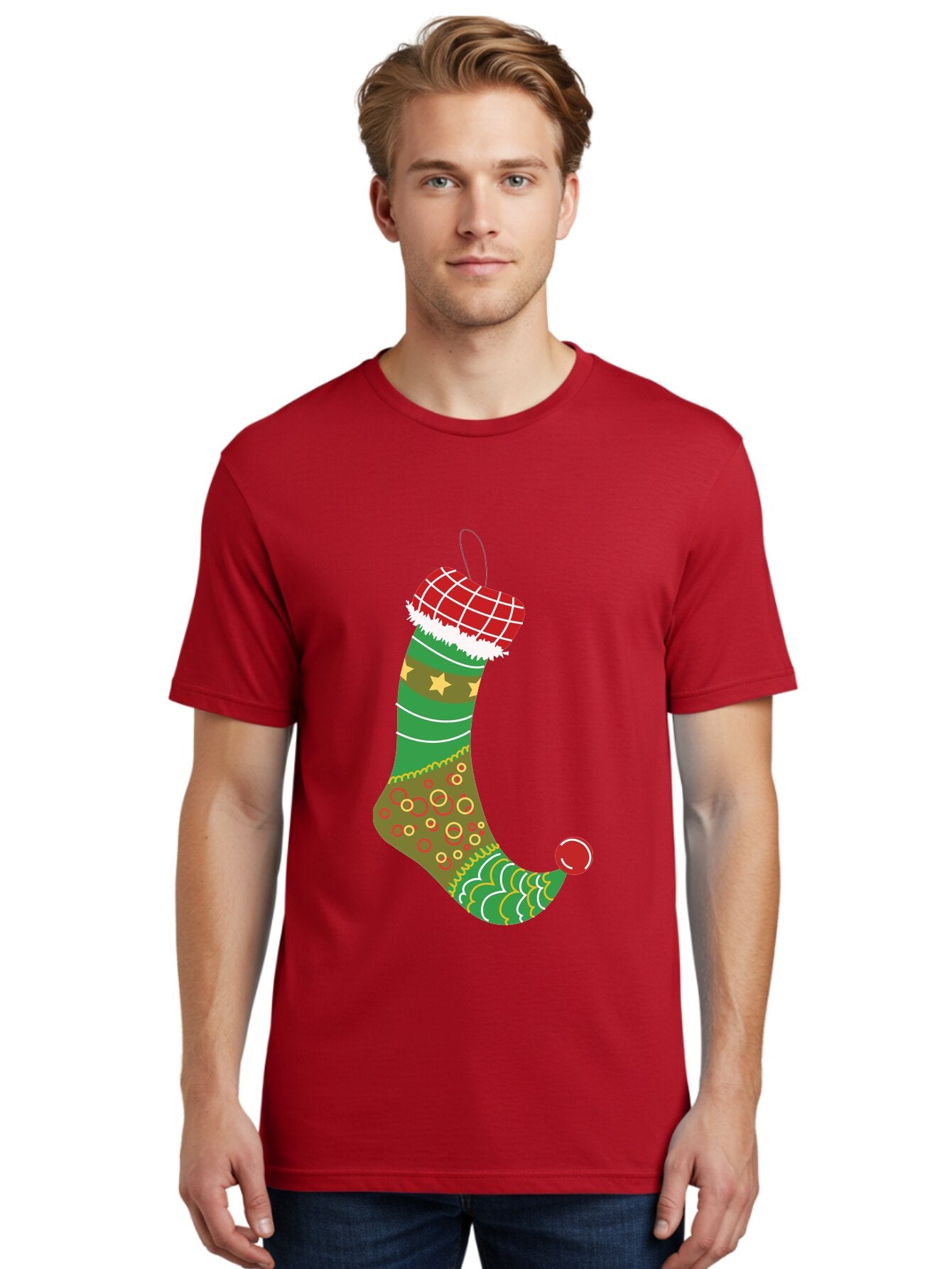 Christmas-Stocking-1 Men'S Graphic Tee, 100% Cotton, Comfortable Casual Summer Wear, Machine Washable, Christmas Stocking, Holiday Decoration, Festive Colors, Red And Green Stripes, Gold Stars, Hanging Ornament, Holly Jolly, Santa Claus, Aac585 19
