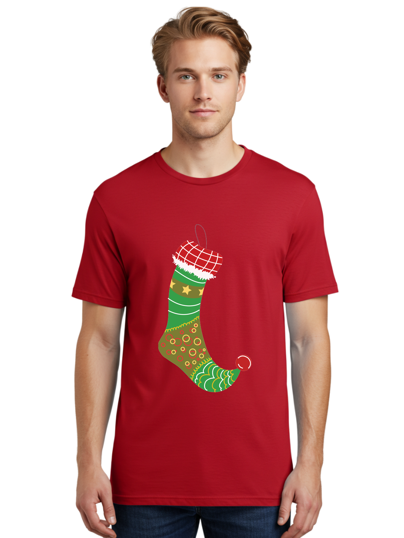 Christmas-Stocking-1 Men'S Graphic Tee, 100% Cotton, Comfortable Casual Summer Wear, Machine Washable, Christmas Stocking, Holiday Decoration, Festive Colors, Red And Green Stripes, Gold Stars, Hanging Ornament, Holly Jolly, Santa Claus, Aac585 22
