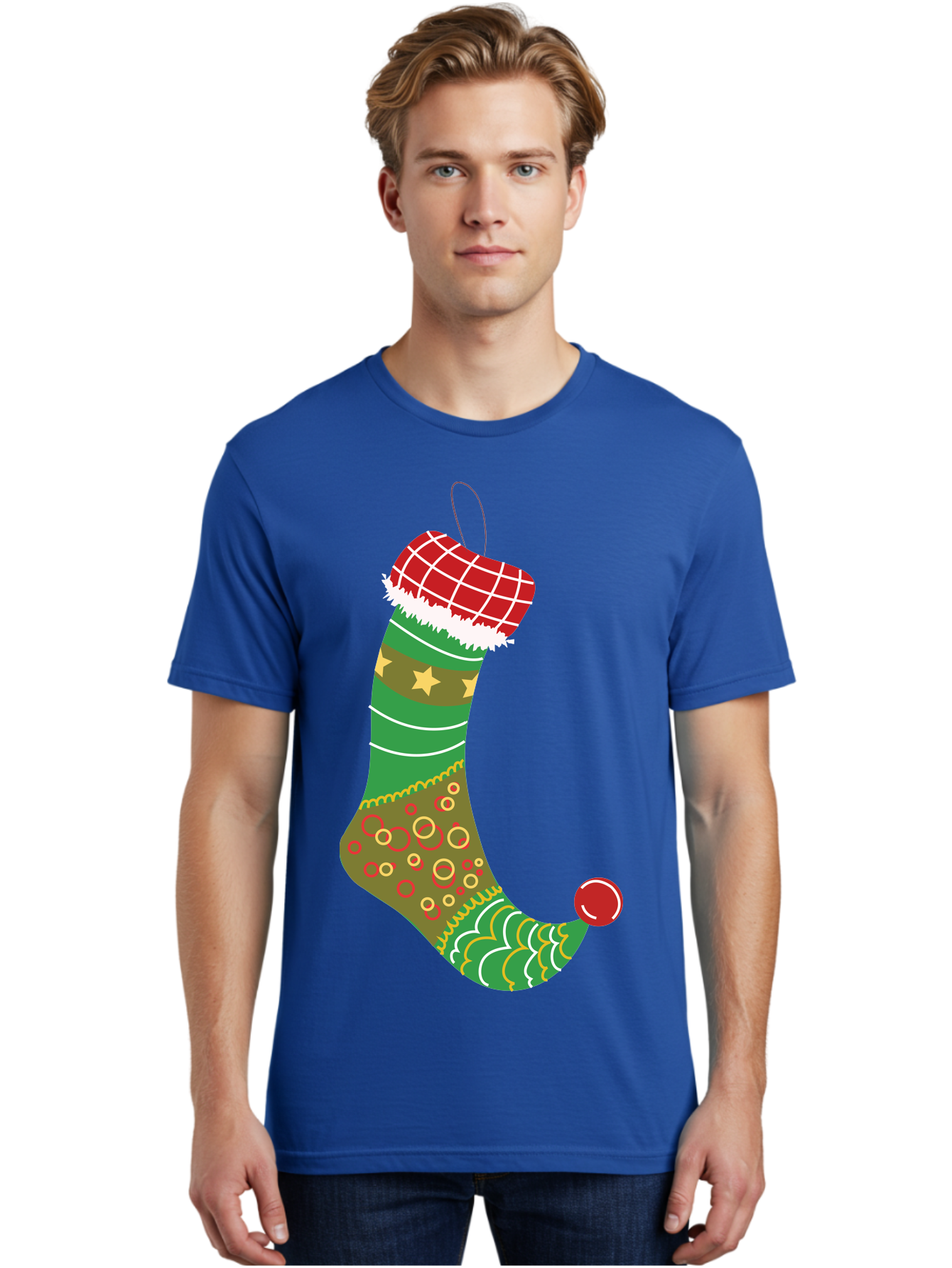 Christmas-Stocking-1 Men'S Graphic Tee, 100% Cotton, Comfortable Casual Summer Wear, Machine Washable, Christmas Stocking, Holiday Decoration, Festive Colors, Red And Green Stripes, Gold Stars, Hanging Ornament, Holly Jolly, Santa Claus, Aac585 6