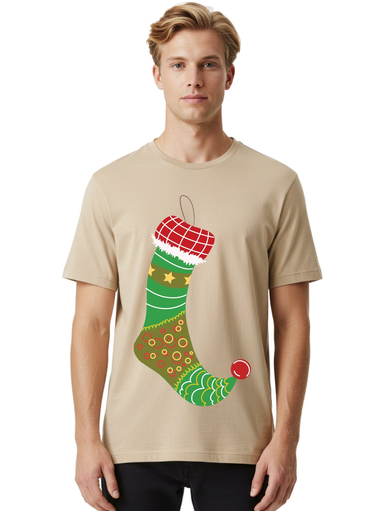 Christmas-Stocking-1 Men'S Graphic Tee, 100% Cotton, Comfortable Casual Summer Wear, Machine Washable, Christmas Stocking, Holiday Decoration, Festive Colors, Red And Green Stripes, Gold Stars, Hanging Ornament, Holly Jolly, Santa Claus, Aac585 21