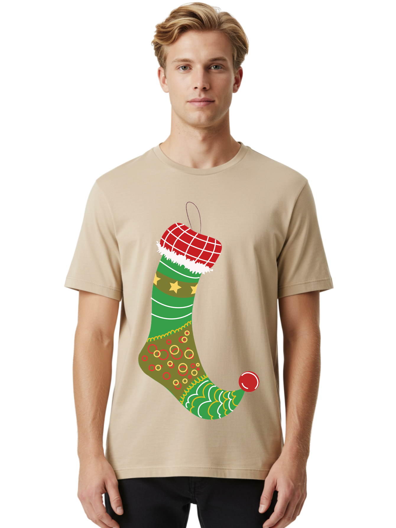 Christmas-Stocking-1 Men'S Graphic Tee, 100% Cotton, Comfortable Casual Summer Wear, Machine Washable, Christmas Stocking, Holiday Decoration, Festive Colors, Red And Green Stripes, Gold Stars, Hanging Ornament, Holly Jolly, Santa Claus, Aac585 20