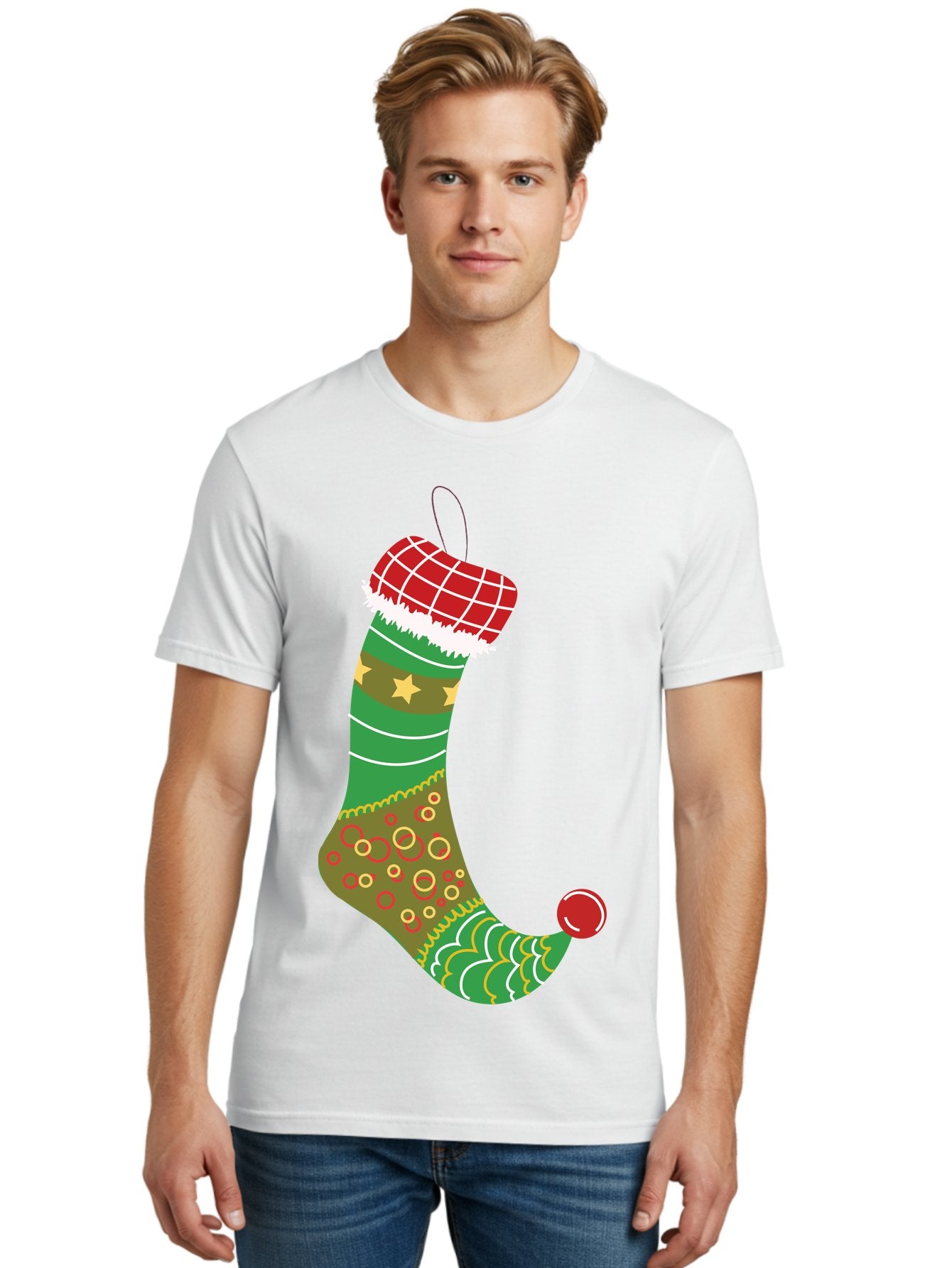 Christmas-Stocking-1 Men'S Graphic Tee, 100% Cotton, Comfortable Casual Summer Wear, Machine Washable, Christmas Stocking, Holiday Decoration, Festive Colors, Red And Green Stripes, Gold Stars, Hanging Ornament, Holly Jolly, Santa Claus, Aac585 26